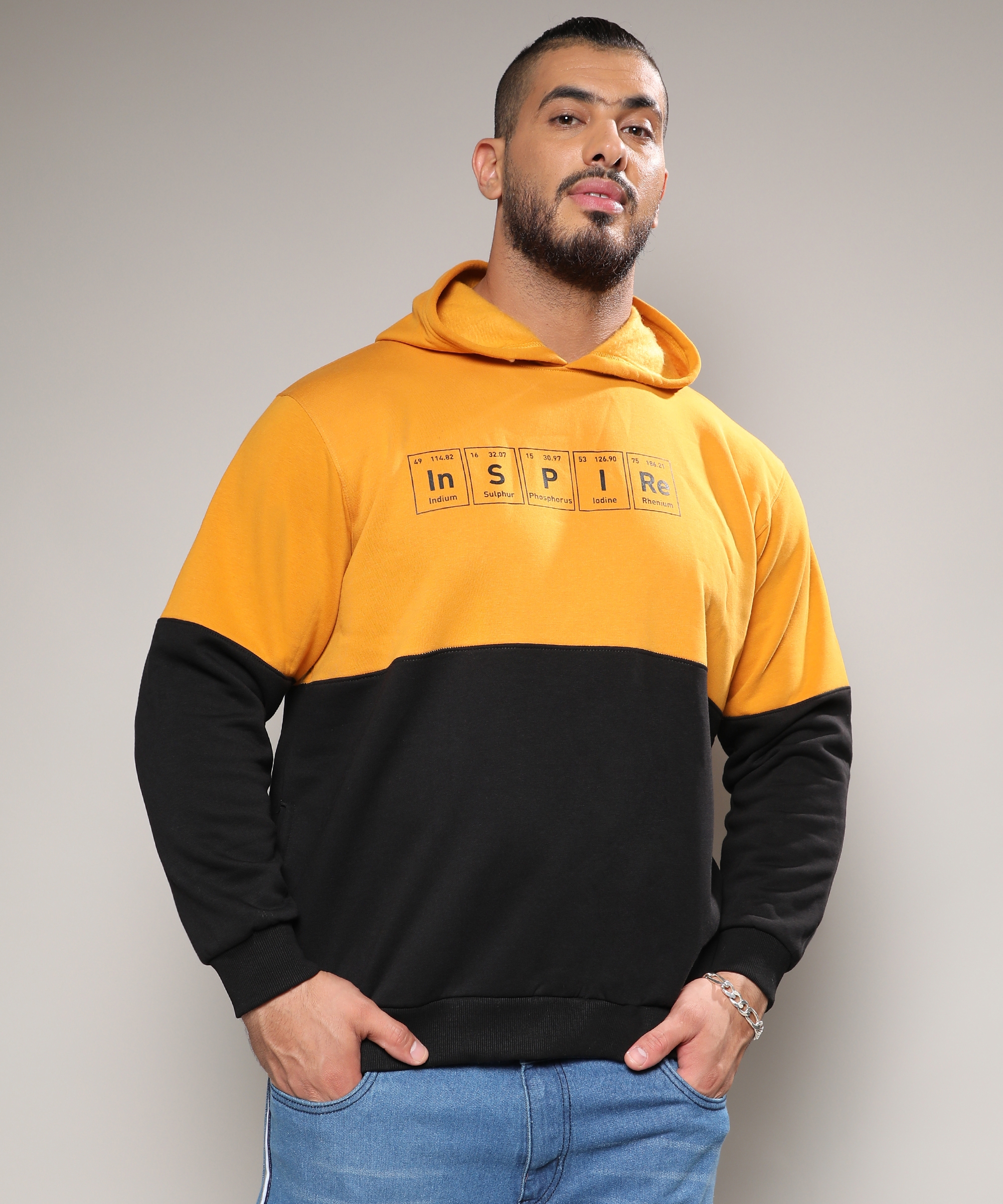 Instafab Plus | Men's Black & Mustard Yellow Inspire Hoodie With Kangaroo Pocket