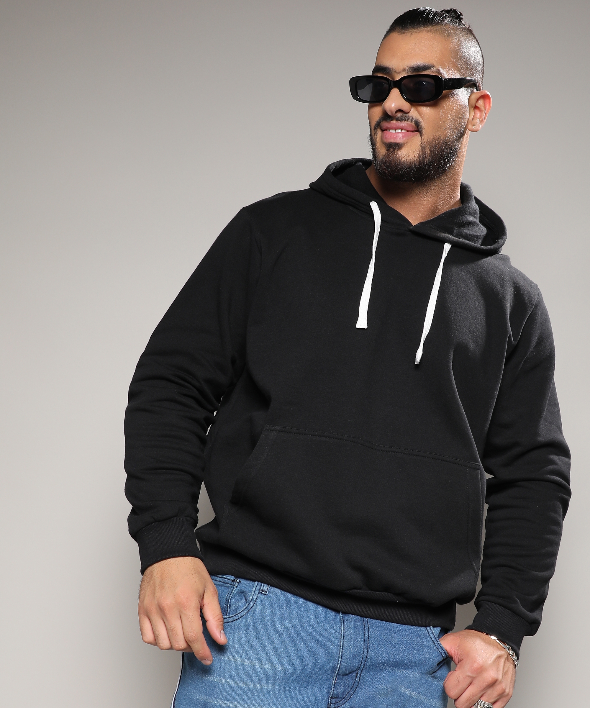 Instafab Plus | Men's Black Pullover Hoodie With Contrast Drawstring