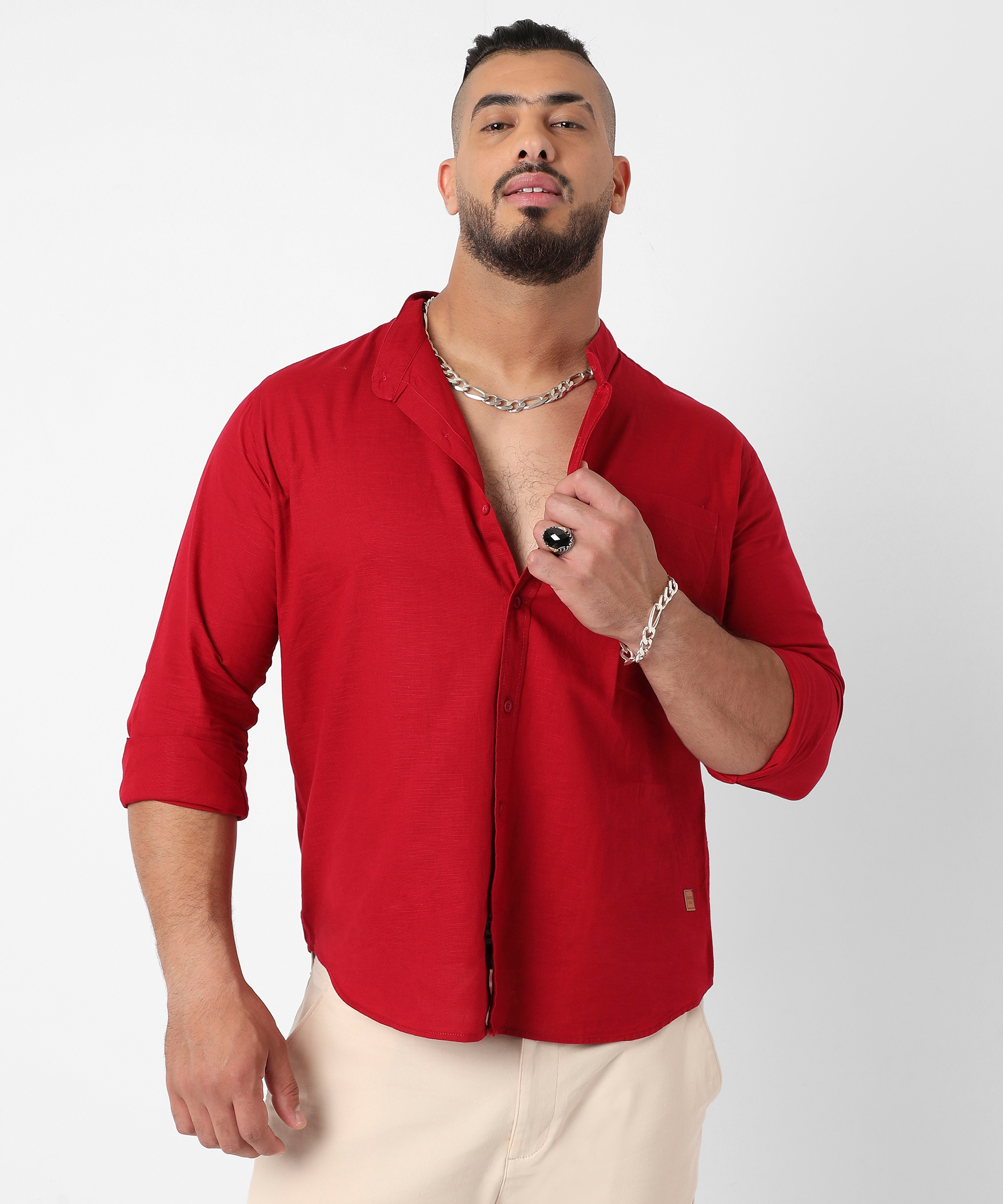 Men's Crimson Red Basic Button-Up Shirt
