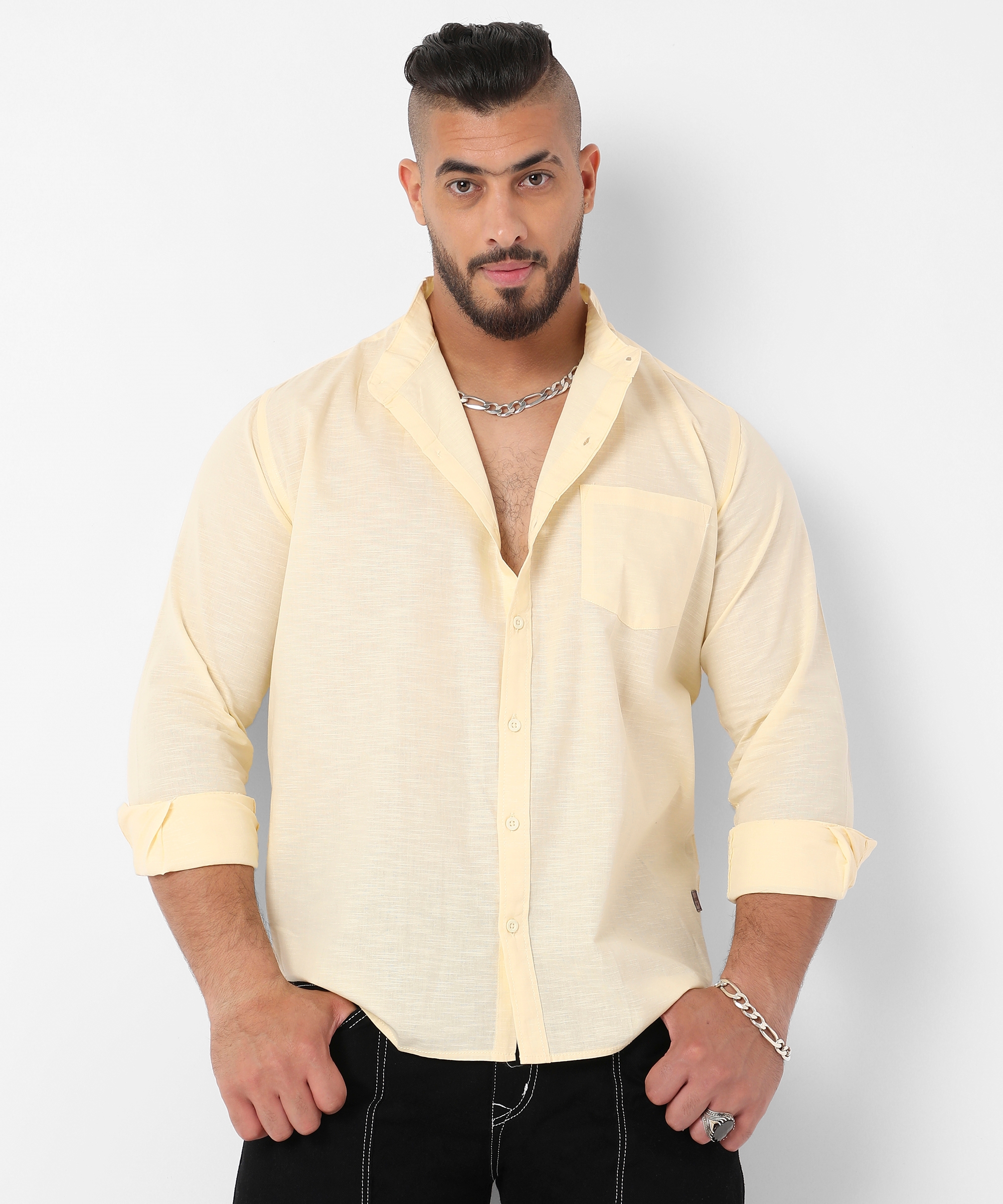 Men's Light Yellow Basic Button-Up Shirt