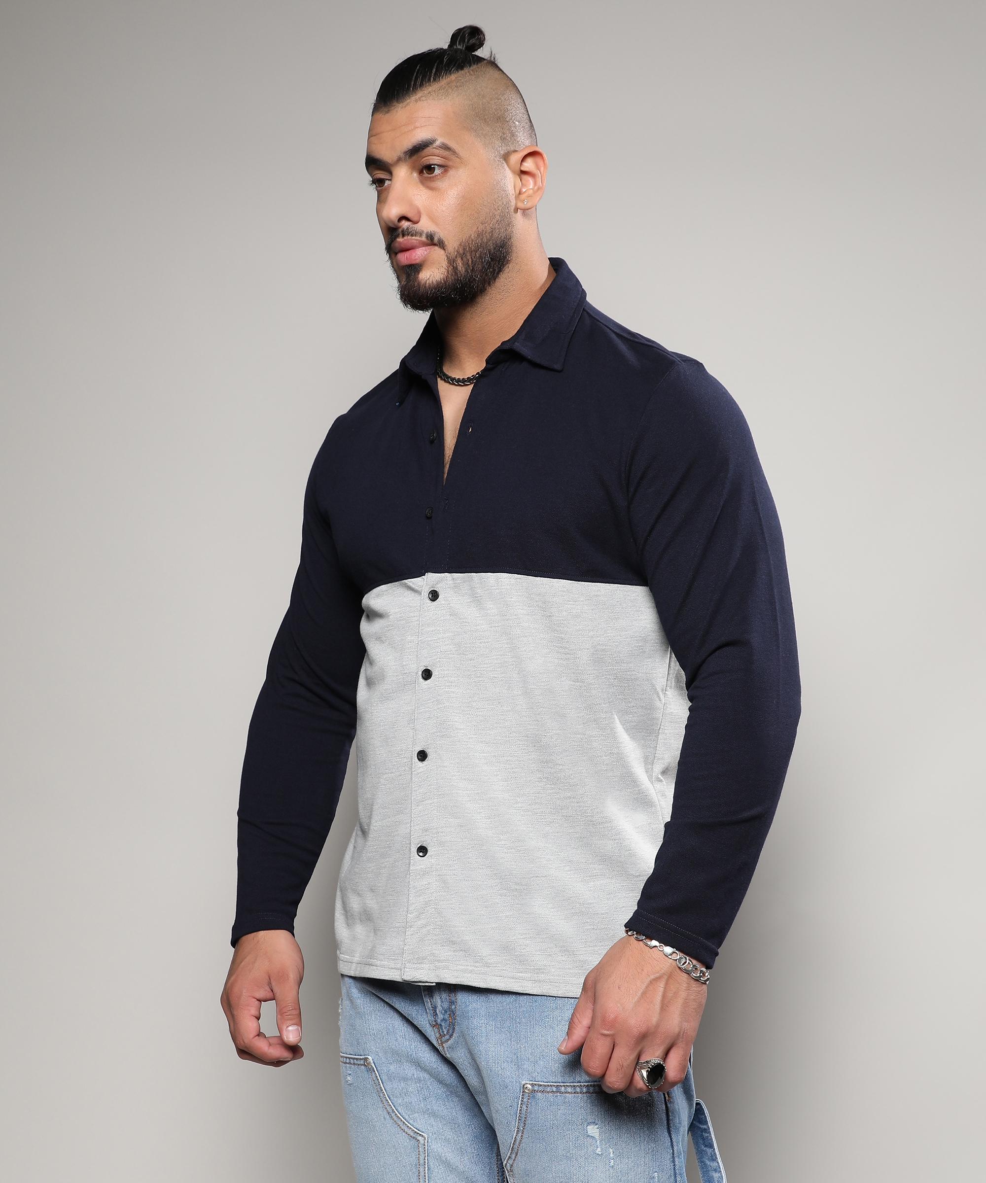 Instafab Plus | Men's Navy Blue & Light Grey Contrast Panel Shirt
