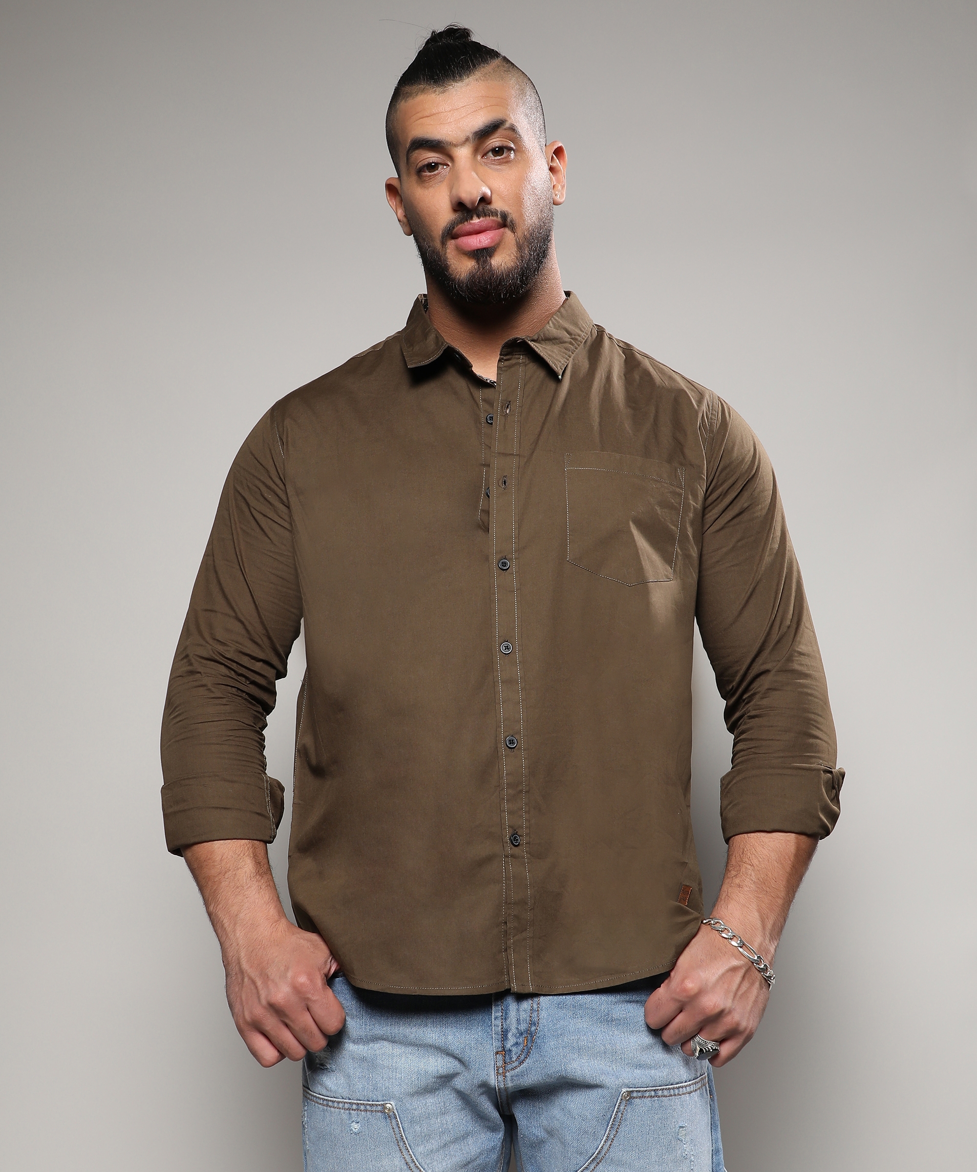 Men's Olive Green Basic Button-Up Shirt