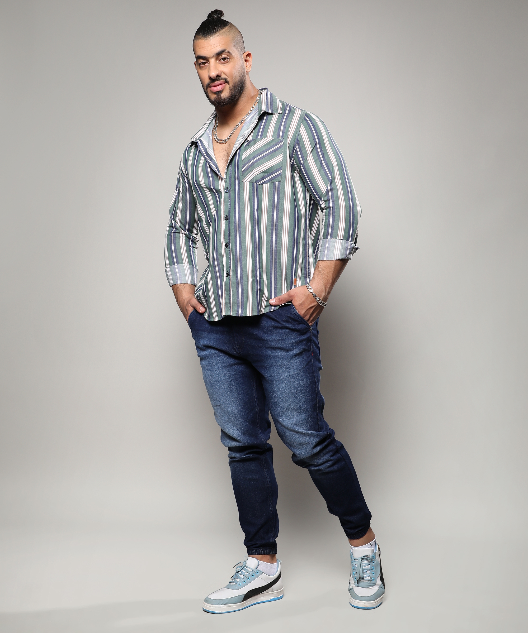 Instafab Plus | Men's Sage Green Unbalanced Striped Shirt