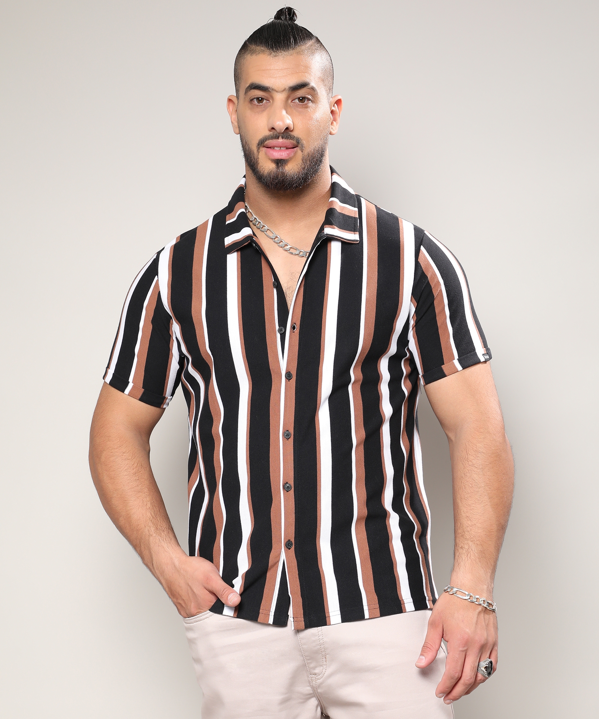Instafab Plus | Men's Black & Brown Barcode Striped Shirt