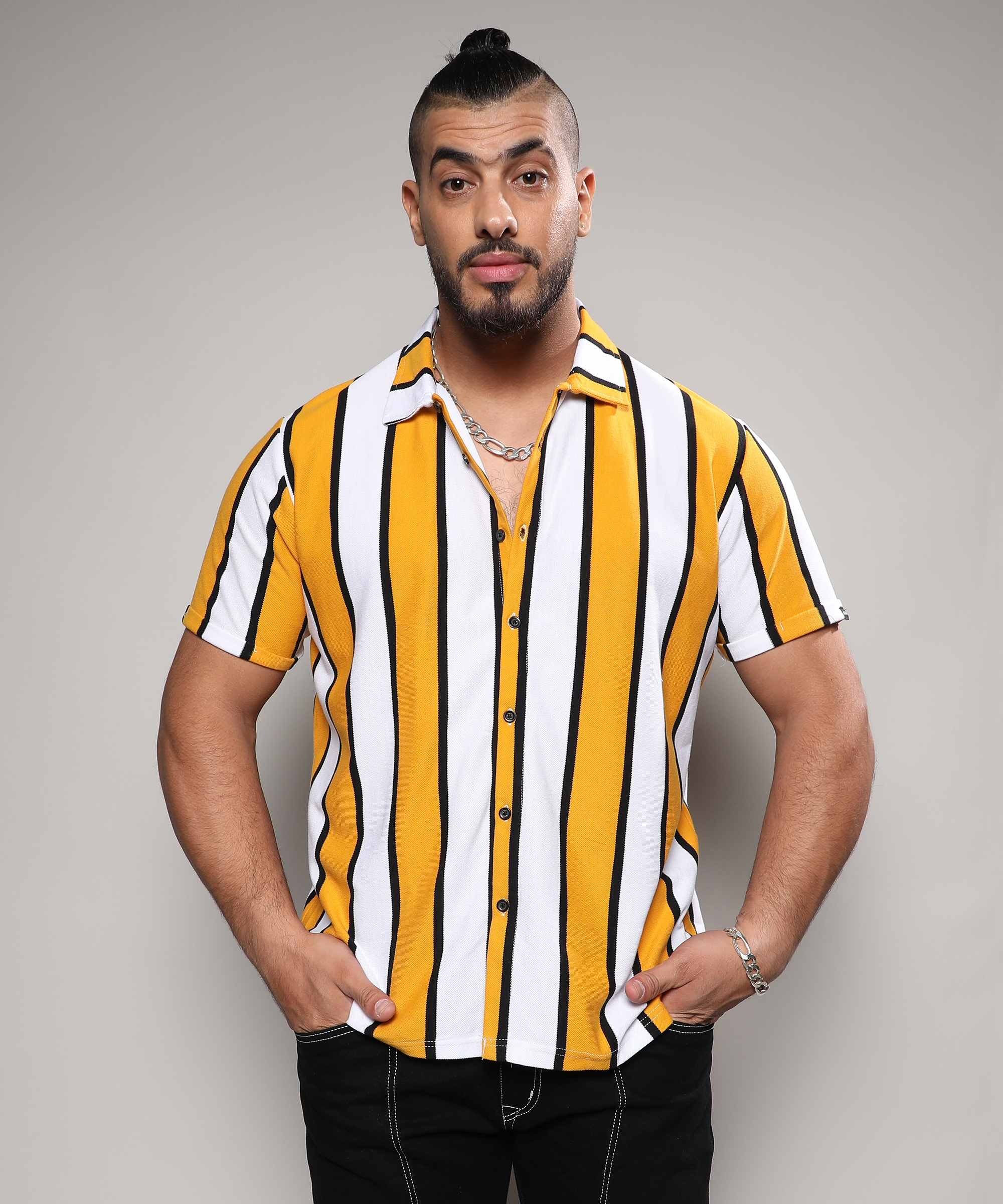 Instafab Plus | Men's White & Yellow Dramatic Striped Shirt