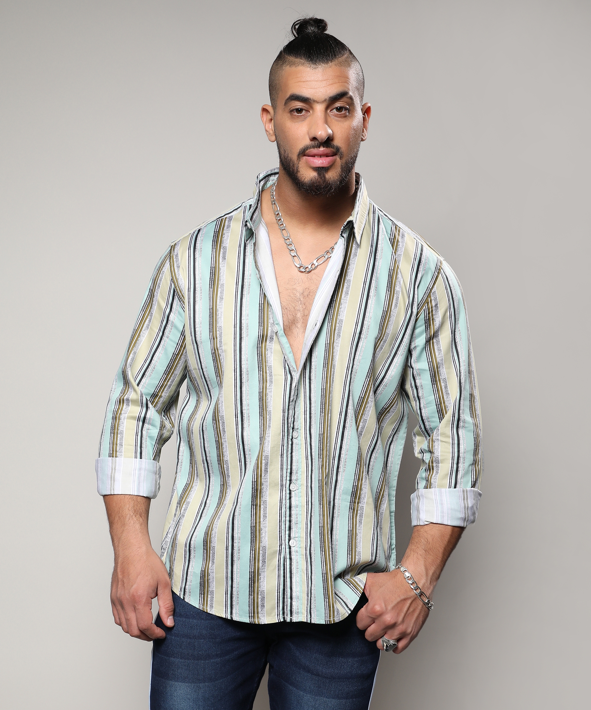Instafab Plus | Men's Mint Green Faded Barcode Striped Shirt
