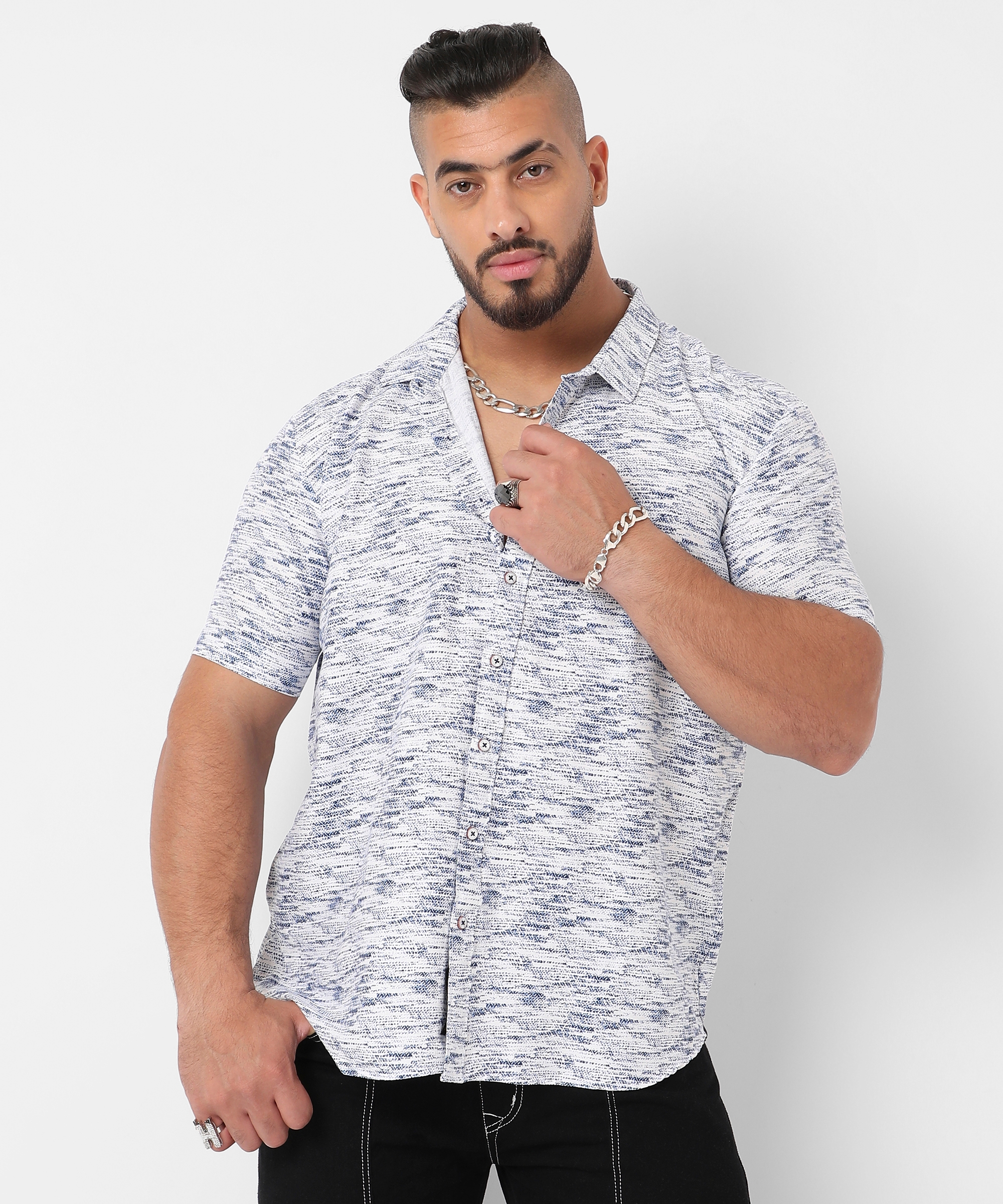 Instafab Plus | Men's Smoke White & Navy Blue Contrast Heathered Shirt