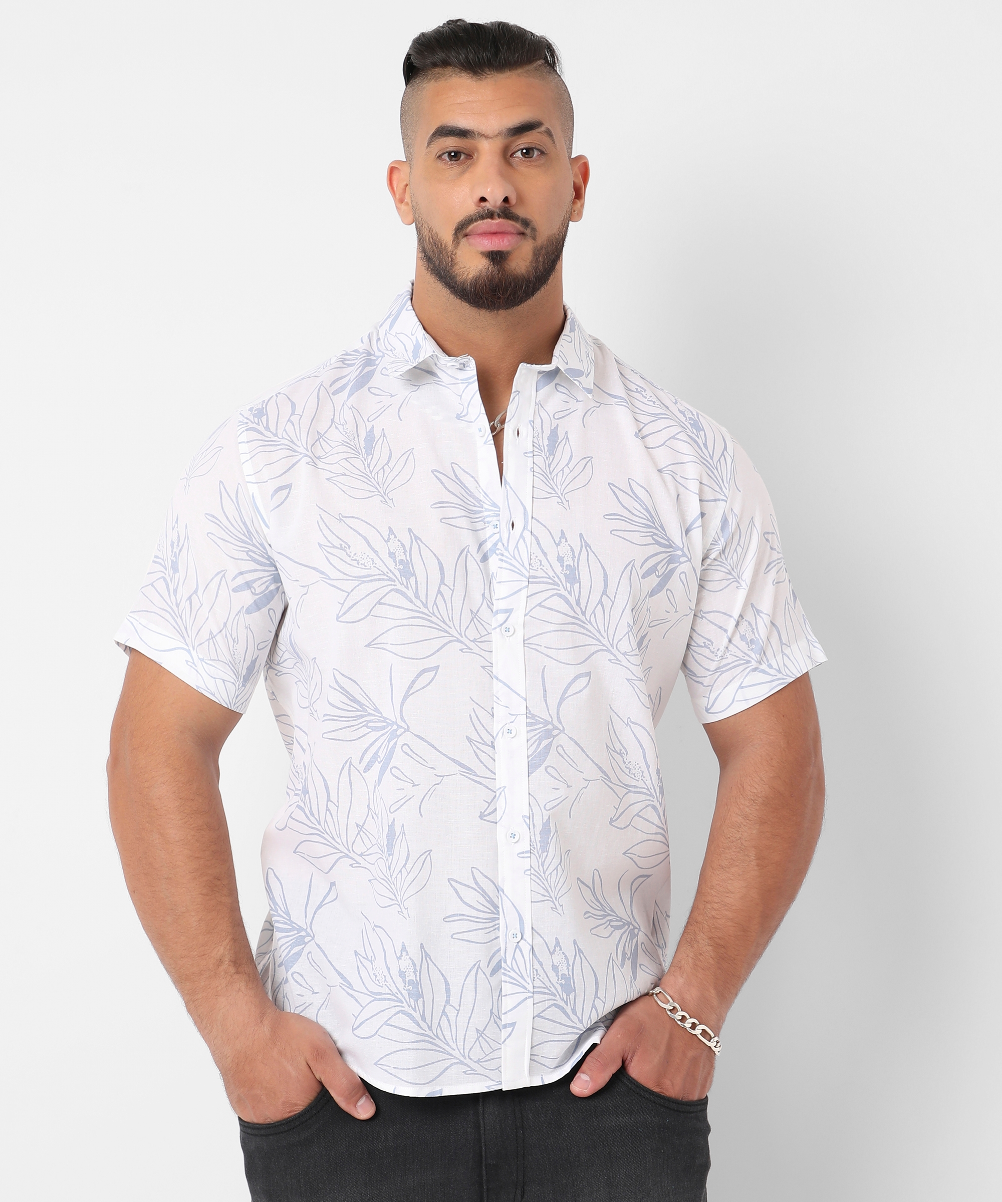 Instafab Plus | Men's Chalk White & Icy Blue Foliage Line Shirt