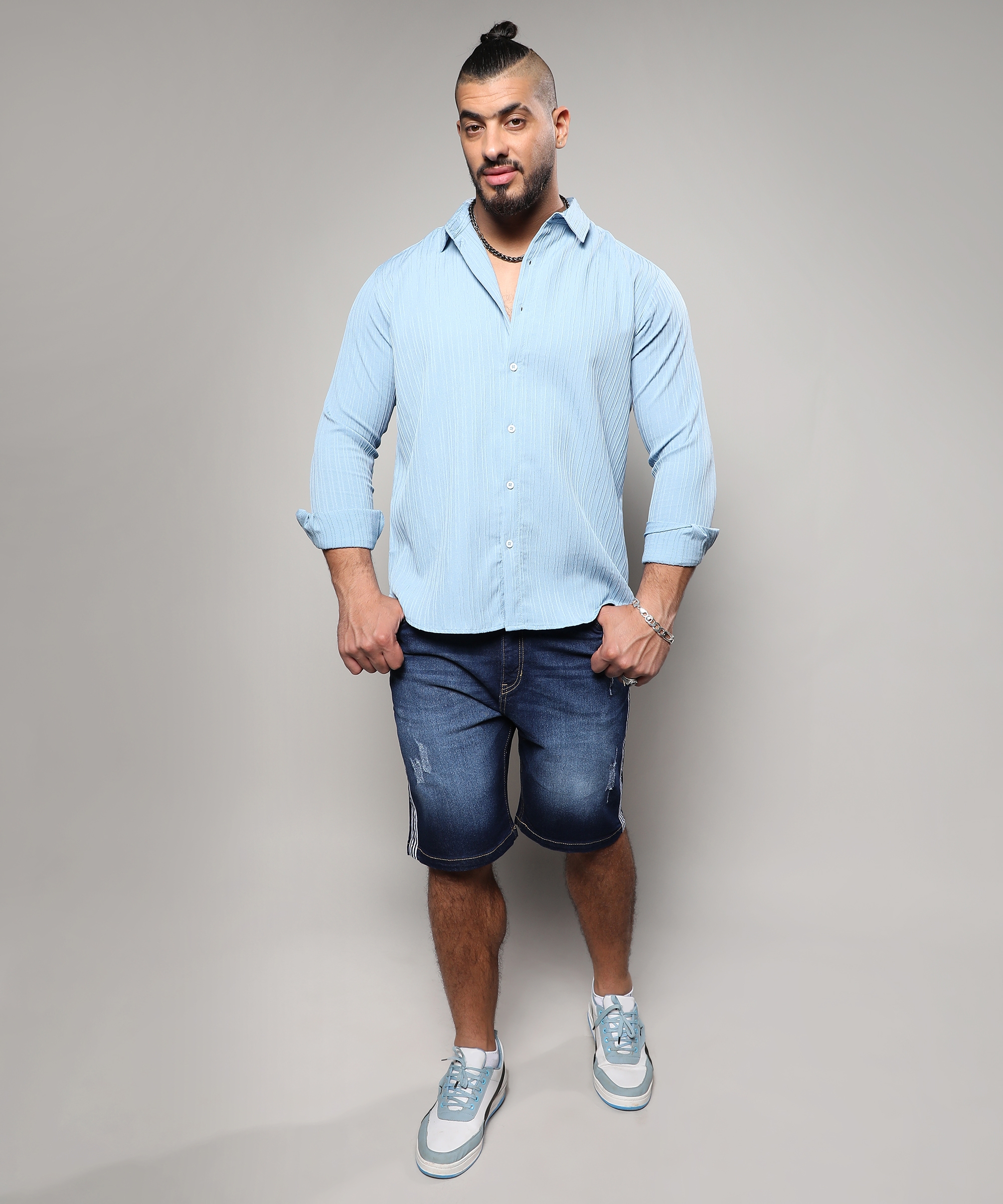 Instafab Plus | Men's Light Blue Vertically Creased Shirt