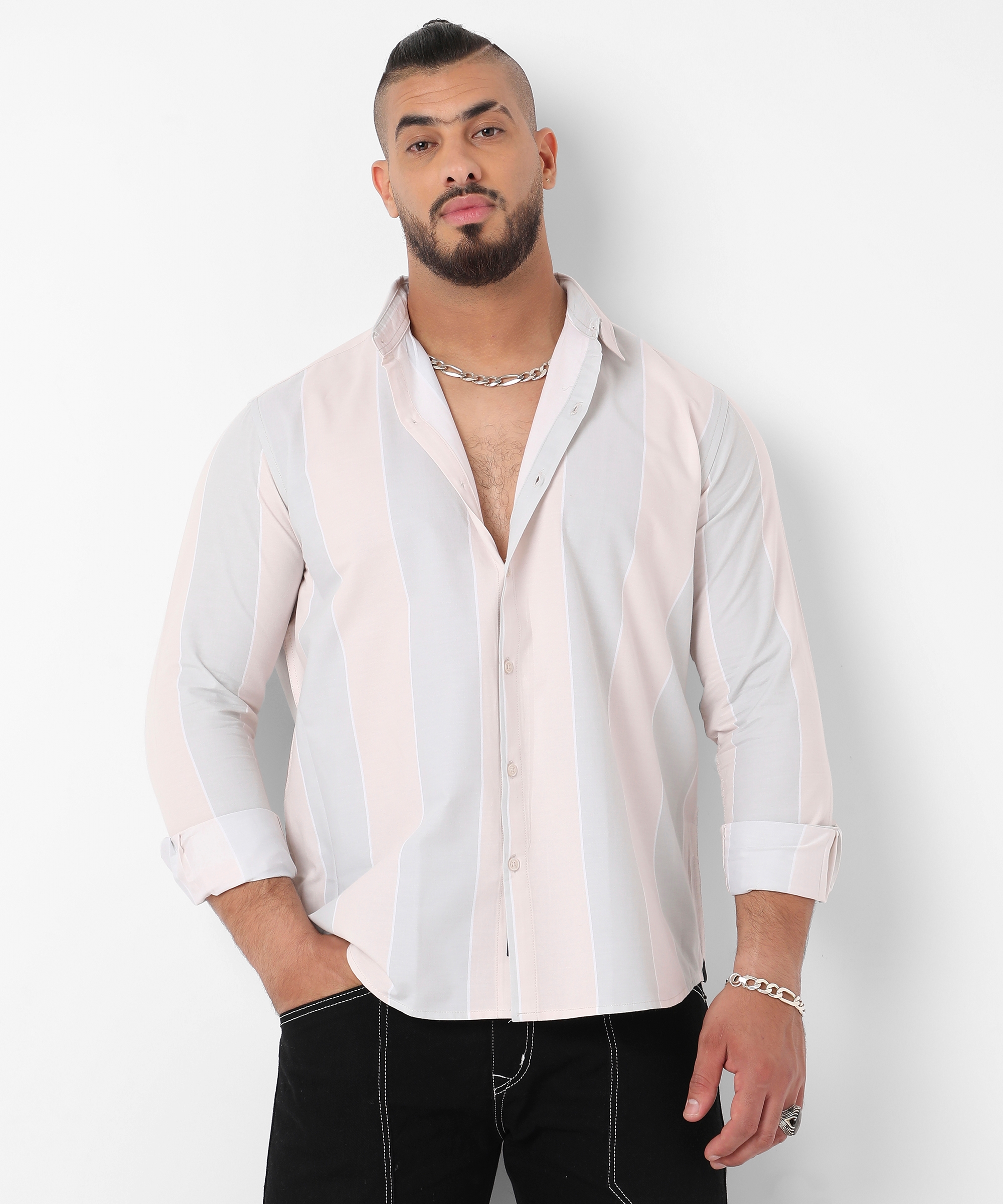 Men's Ivory White & Icy Blue Candy Striped Shirt