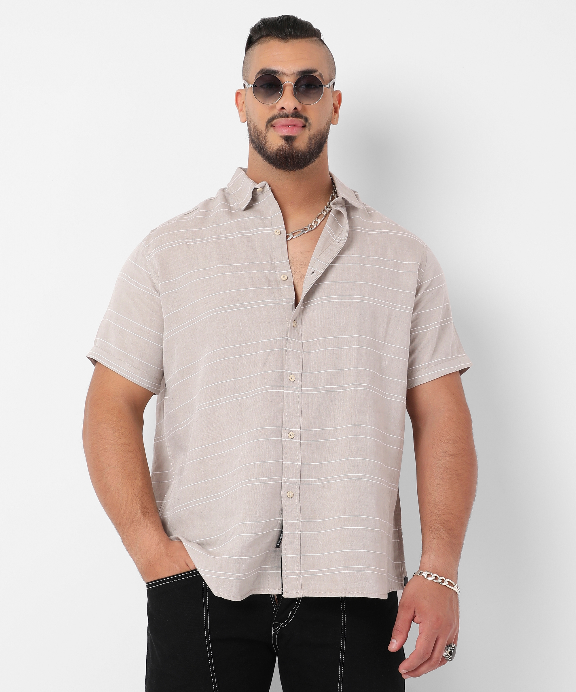 Instafab Plus | Men's Light Grey Unbalanced Horizontal Striped Shirt