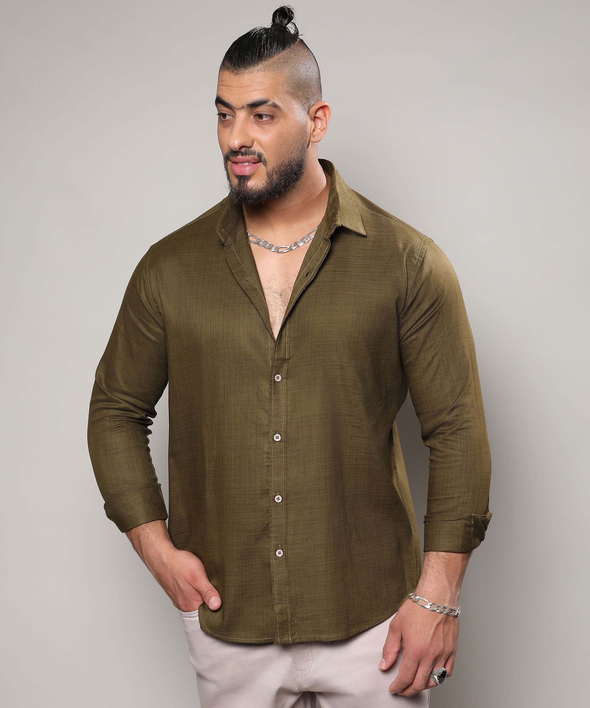 Instafab Plus | Men's Olive Green Classic Button- Up Shirt