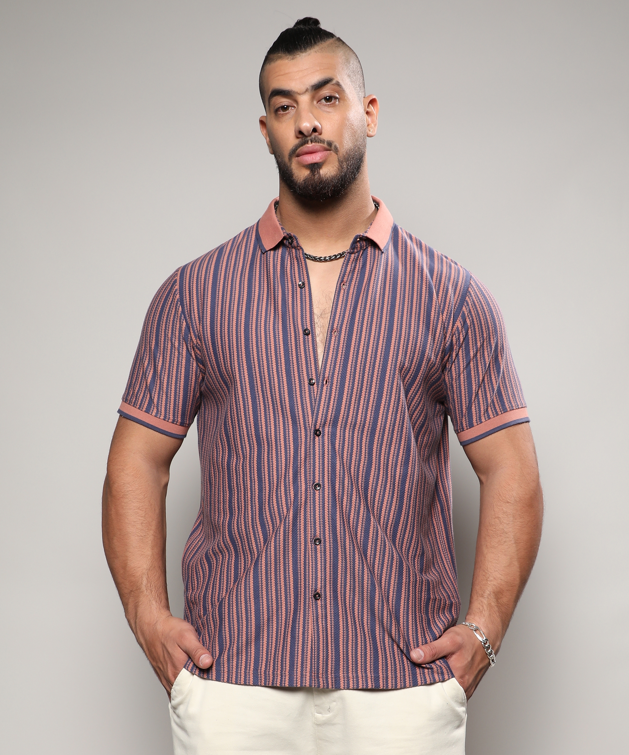 Men's Brown & Blue Contrast Knitted Shirt
