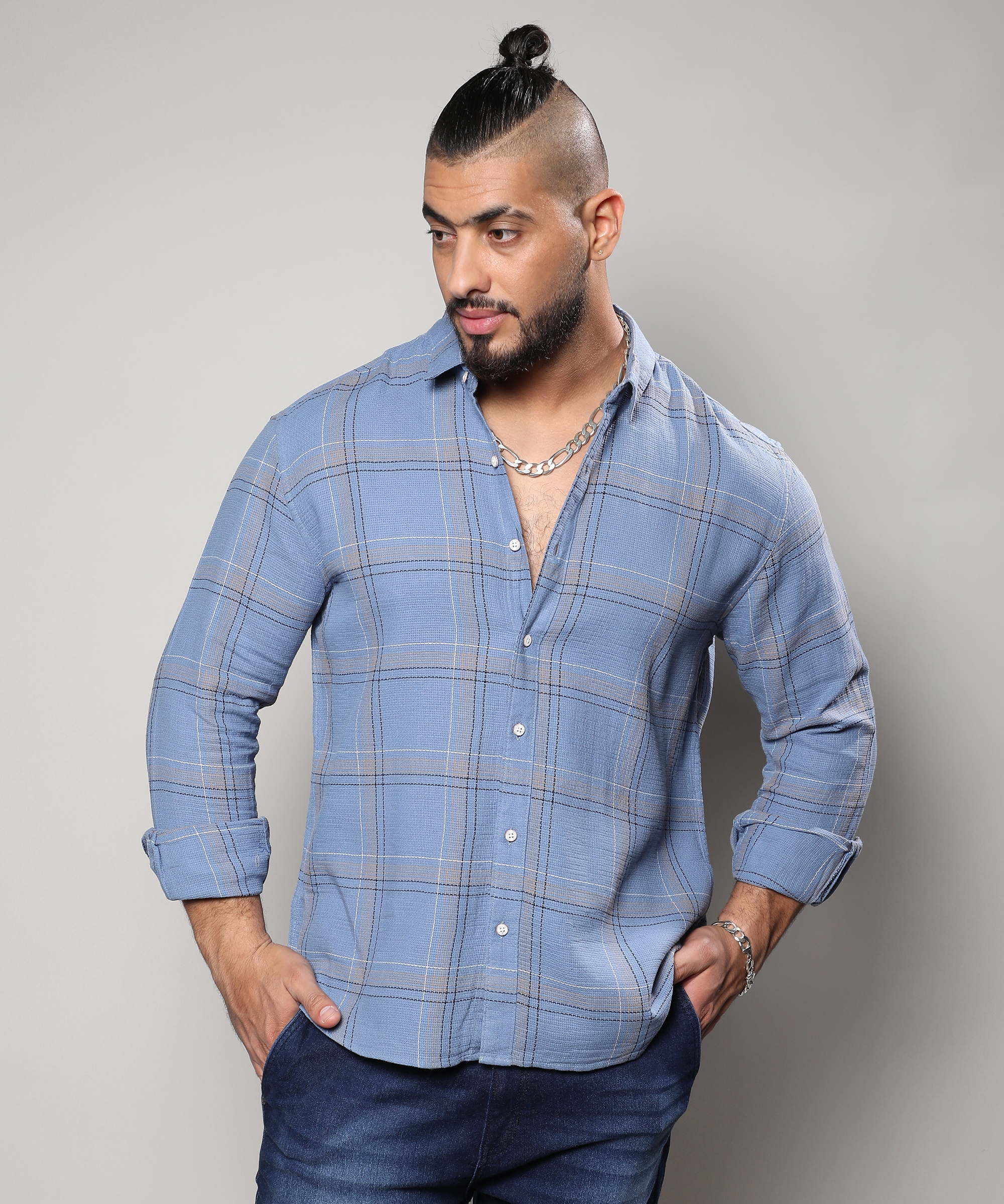 Instafab Plus | Men's Icy Blue Tartan Plaid Shirt