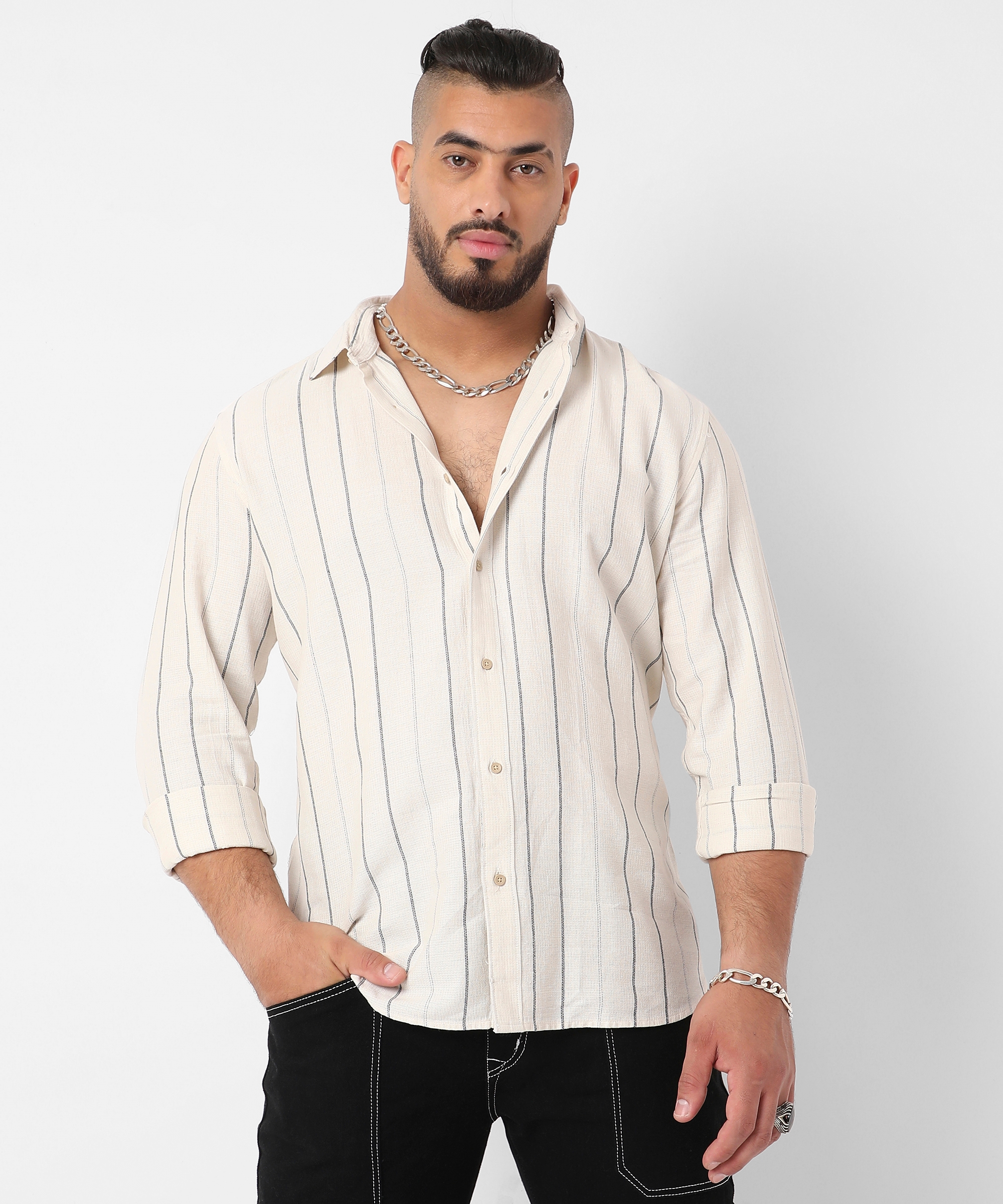 Instafab Plus | Men's Beige Contrast Pinstriped Shirt