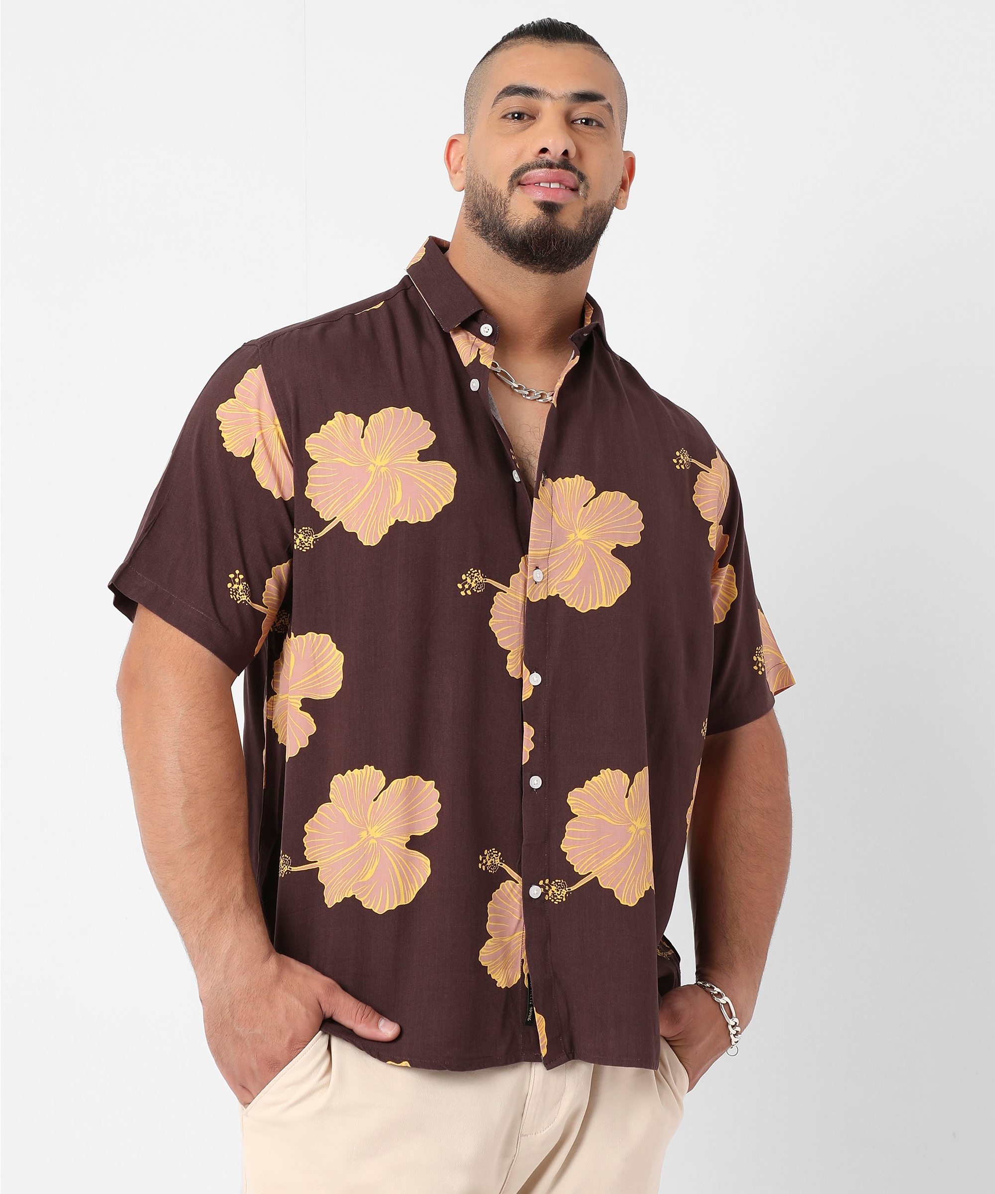 Instafab Plus | Men's Brown Hibiscus Print Shirt