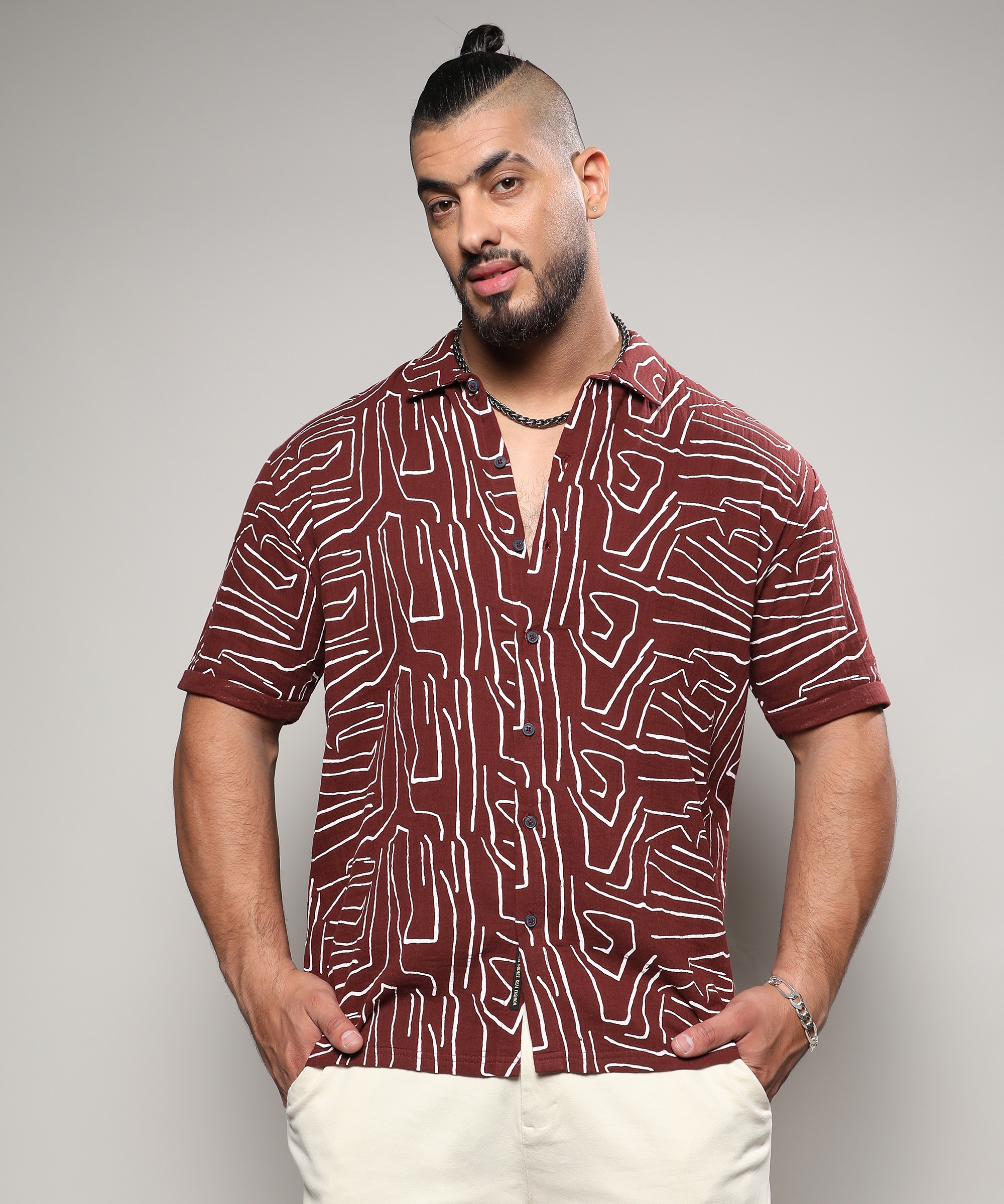 Men's Maroon Red Abstract Lines Print Shirt