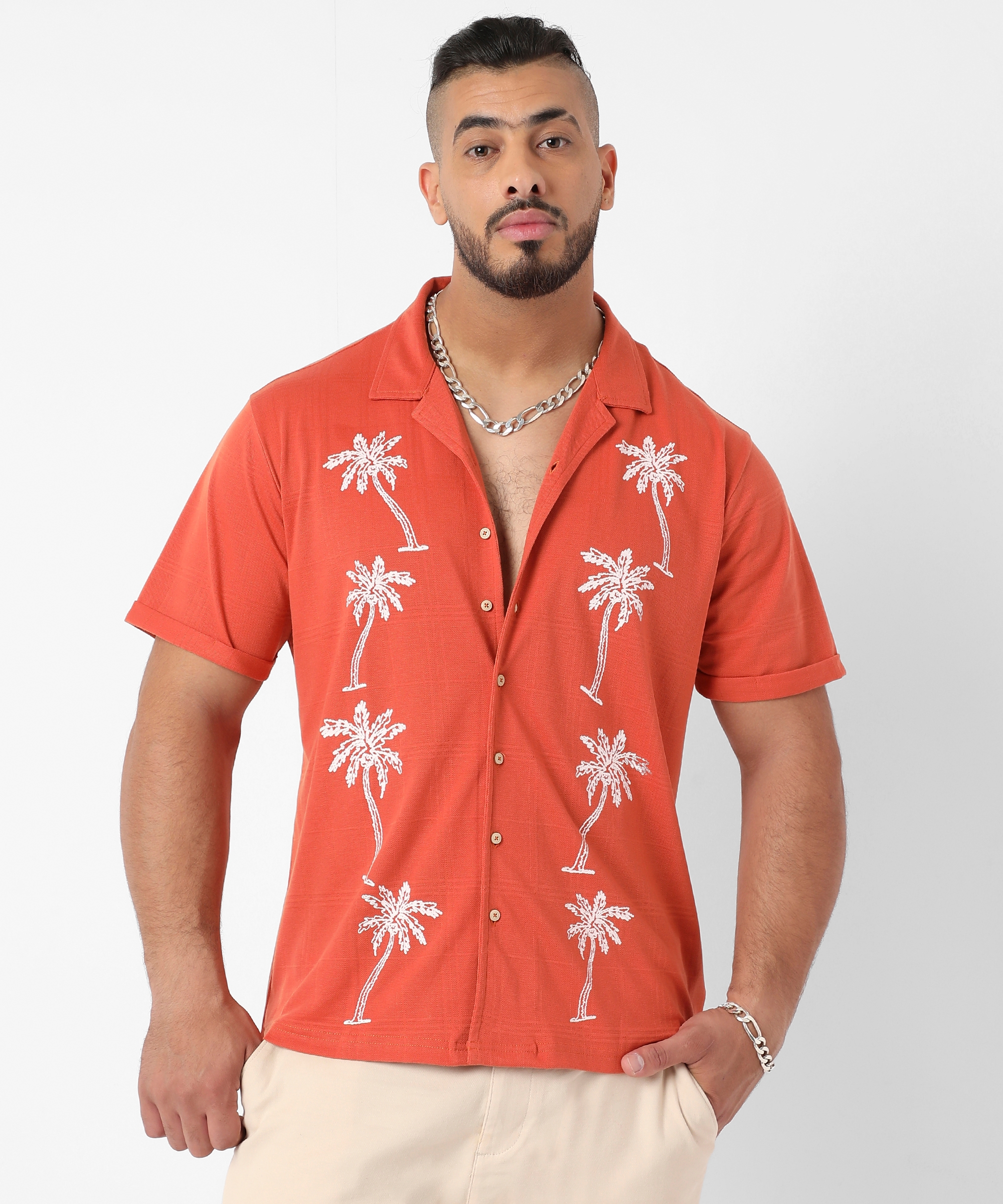 Men's Vermillion Orange Palm Tree Knit Shirt