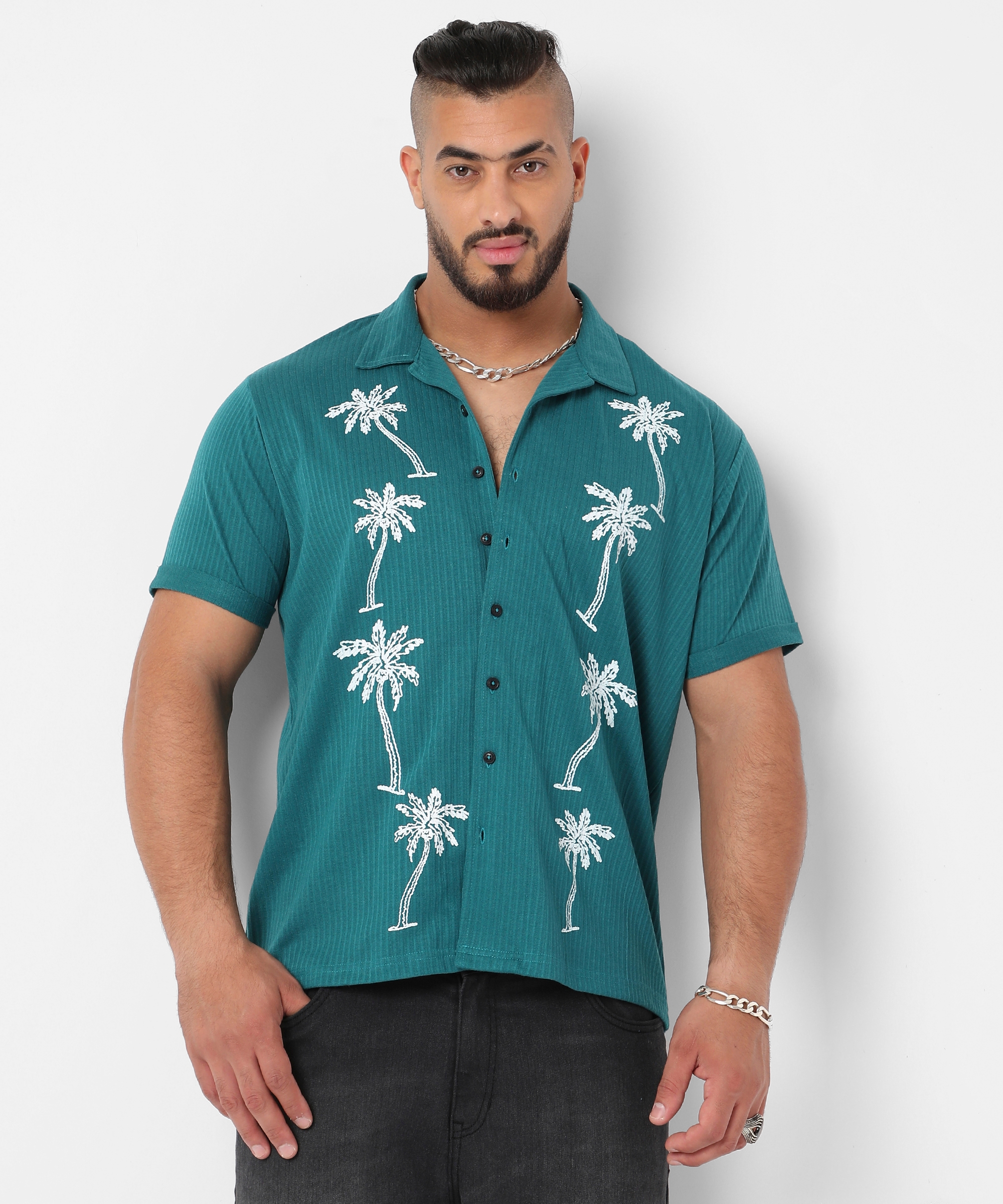 Instafab Plus | Men's Teal Blue Palm Tree Knit Shirt