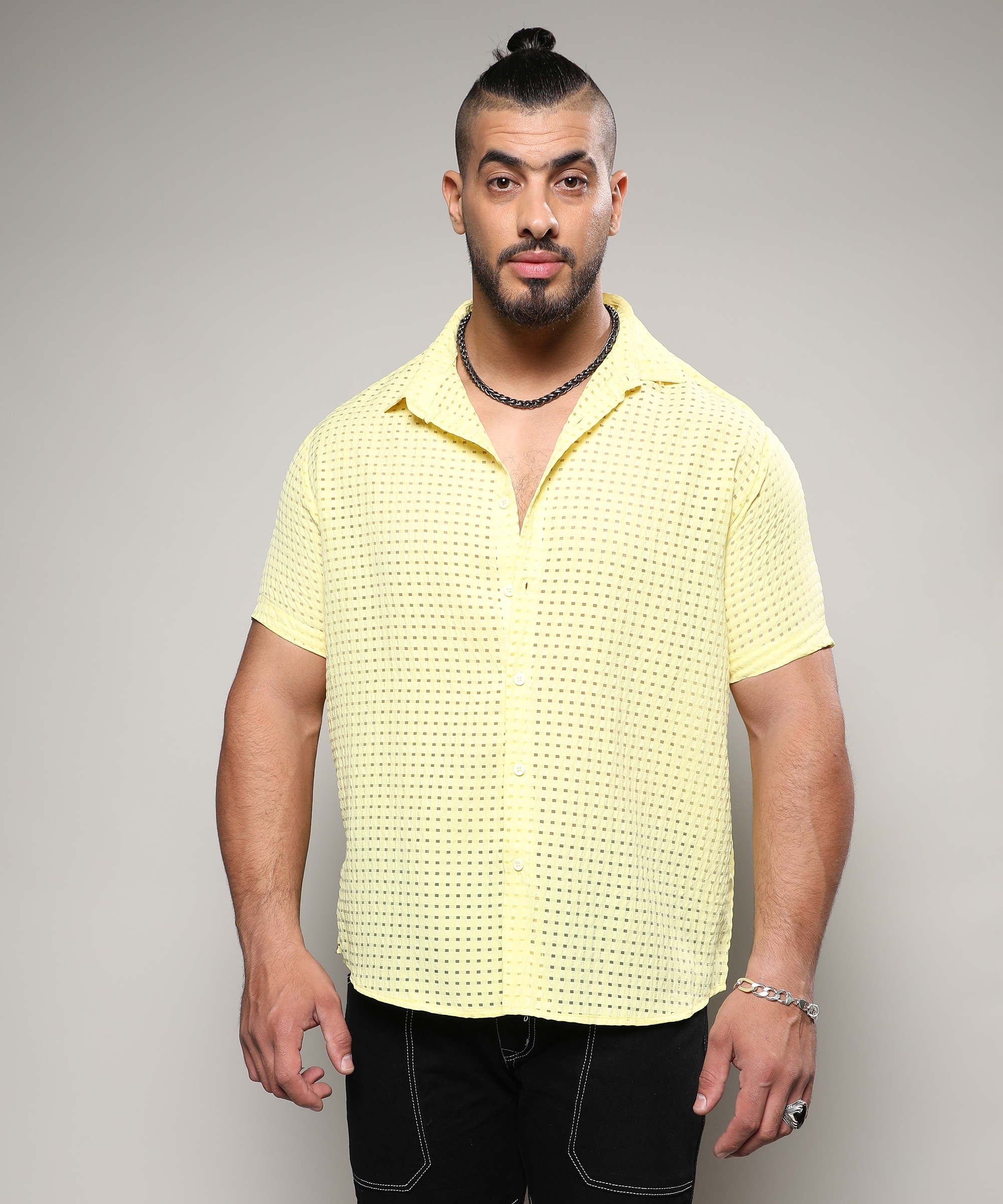 Instafab Plus | Men's Lemon Yellow See-Through Square Shirt