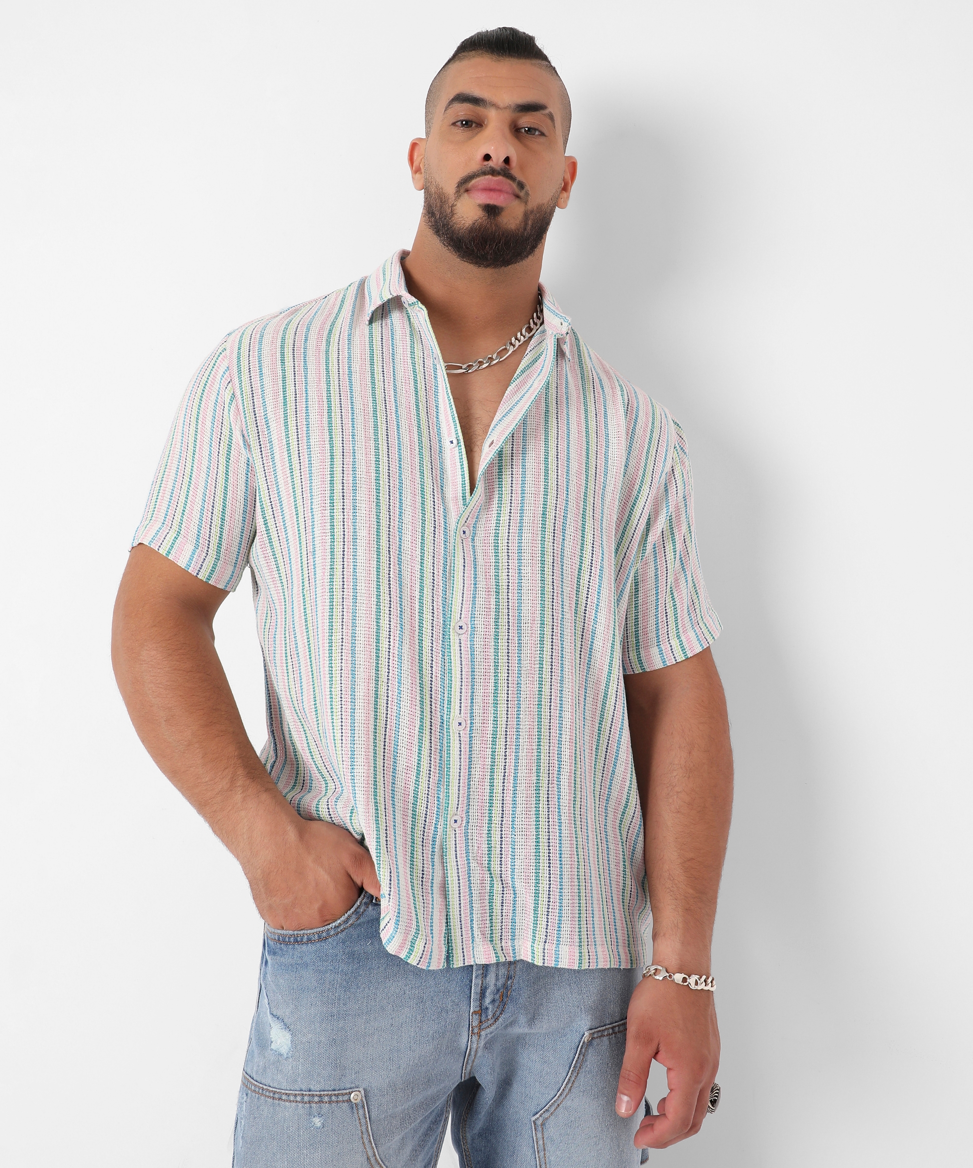 Men's Pink & Green Unbalanced Striped Woven Shirt