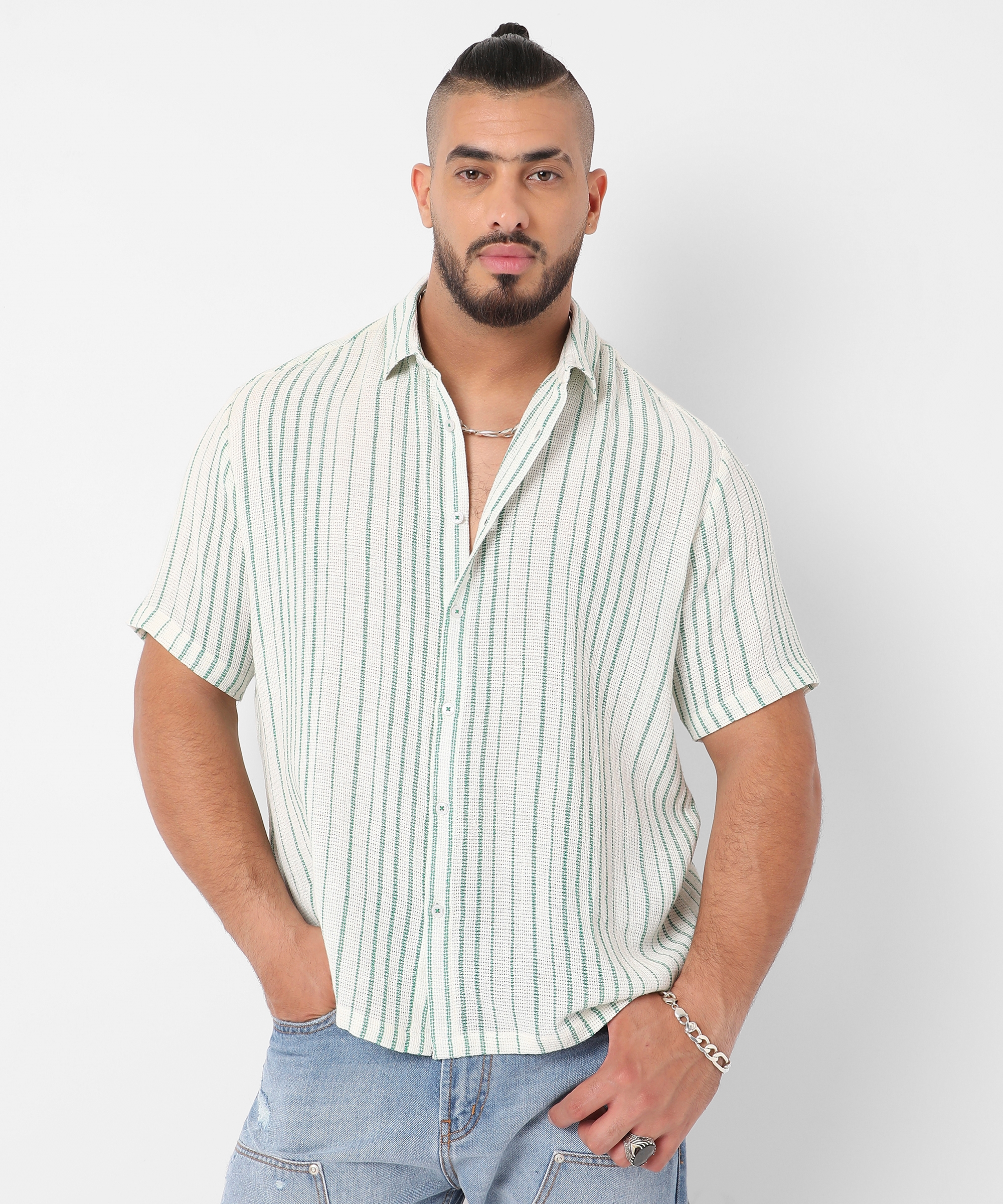 Men's White & Green Unbalanced Striped Woven Shirt