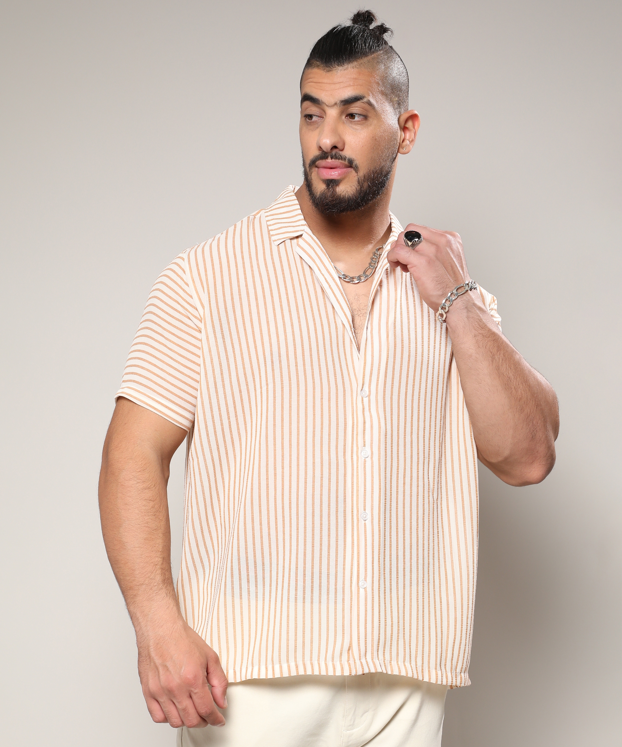 Men's White & Brown Unbalanced Striped Shirt