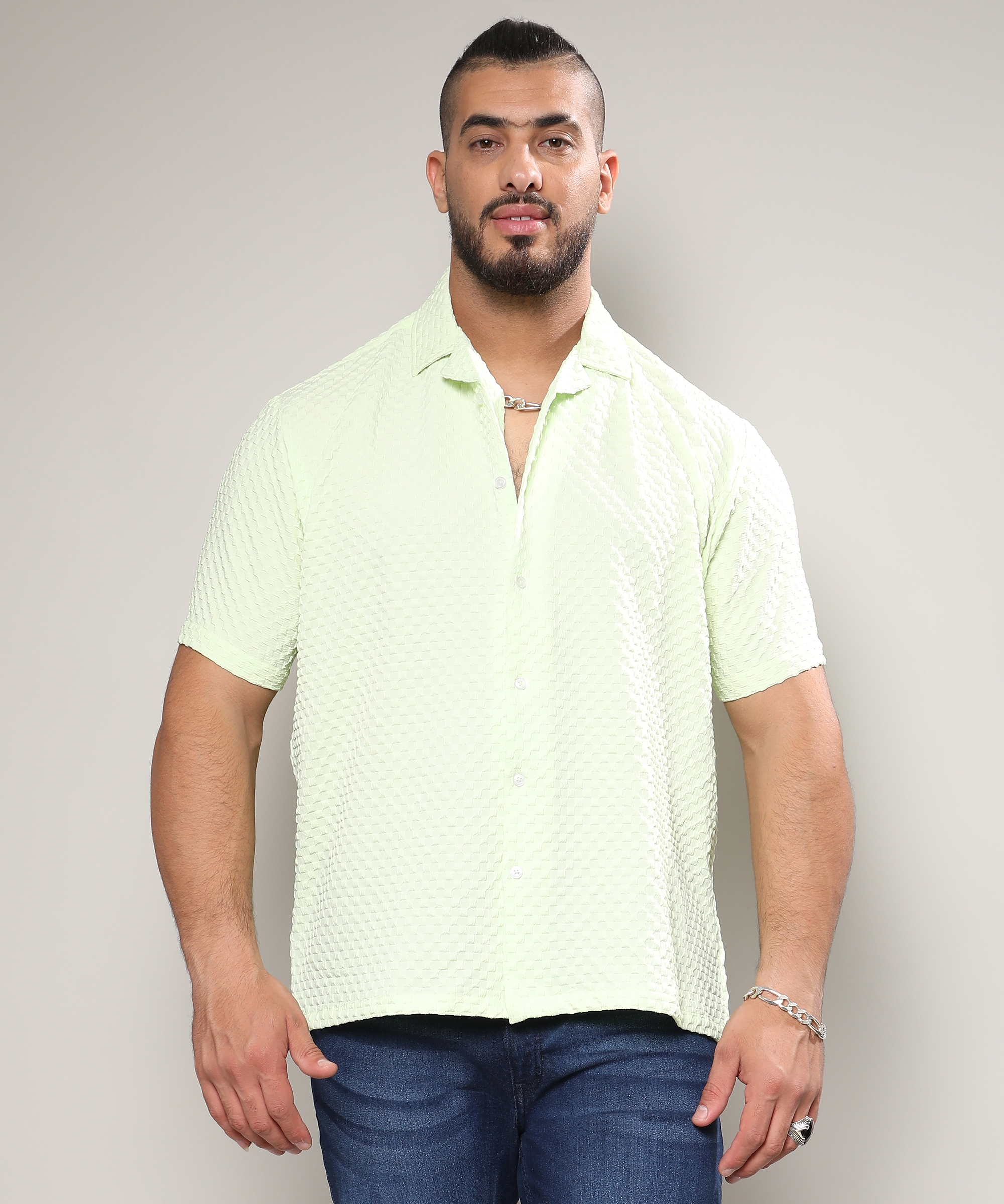 Instafab Plus | Men's Lime Green Self-Design Block Shirt