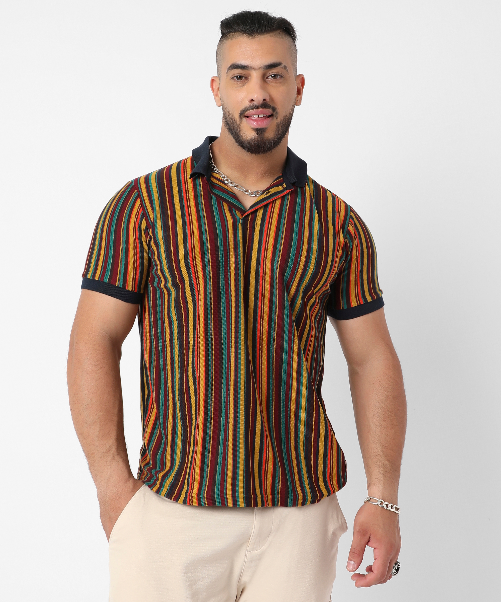 Instafab Plus | Men's Yellow & Green Candy Striped Polo T-Shirt