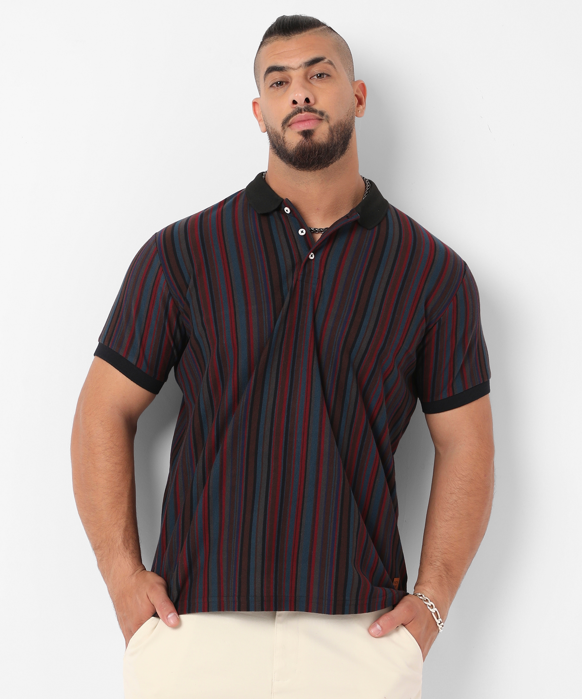 Instafab Plus | Men's Blue & Maroon Candy Striped Polo T-Shirt