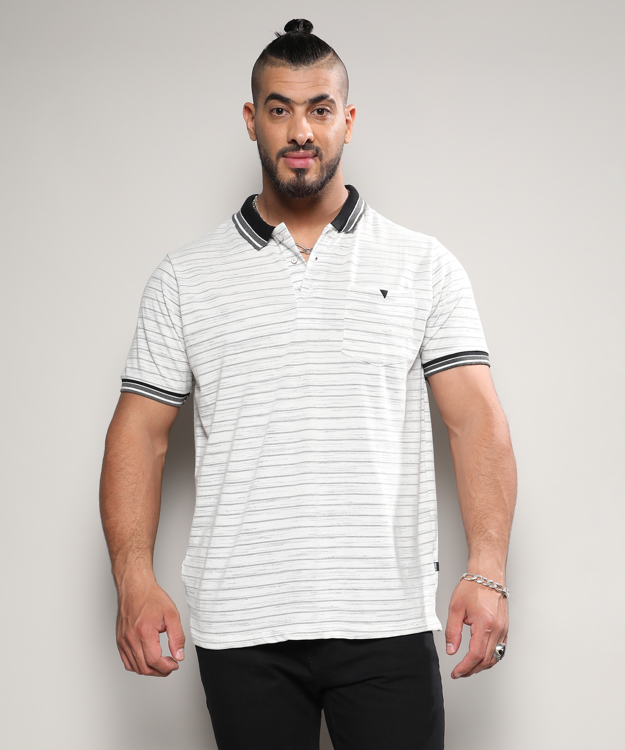 Men's Light Grey Horizontal Striped Polo T-Shirt