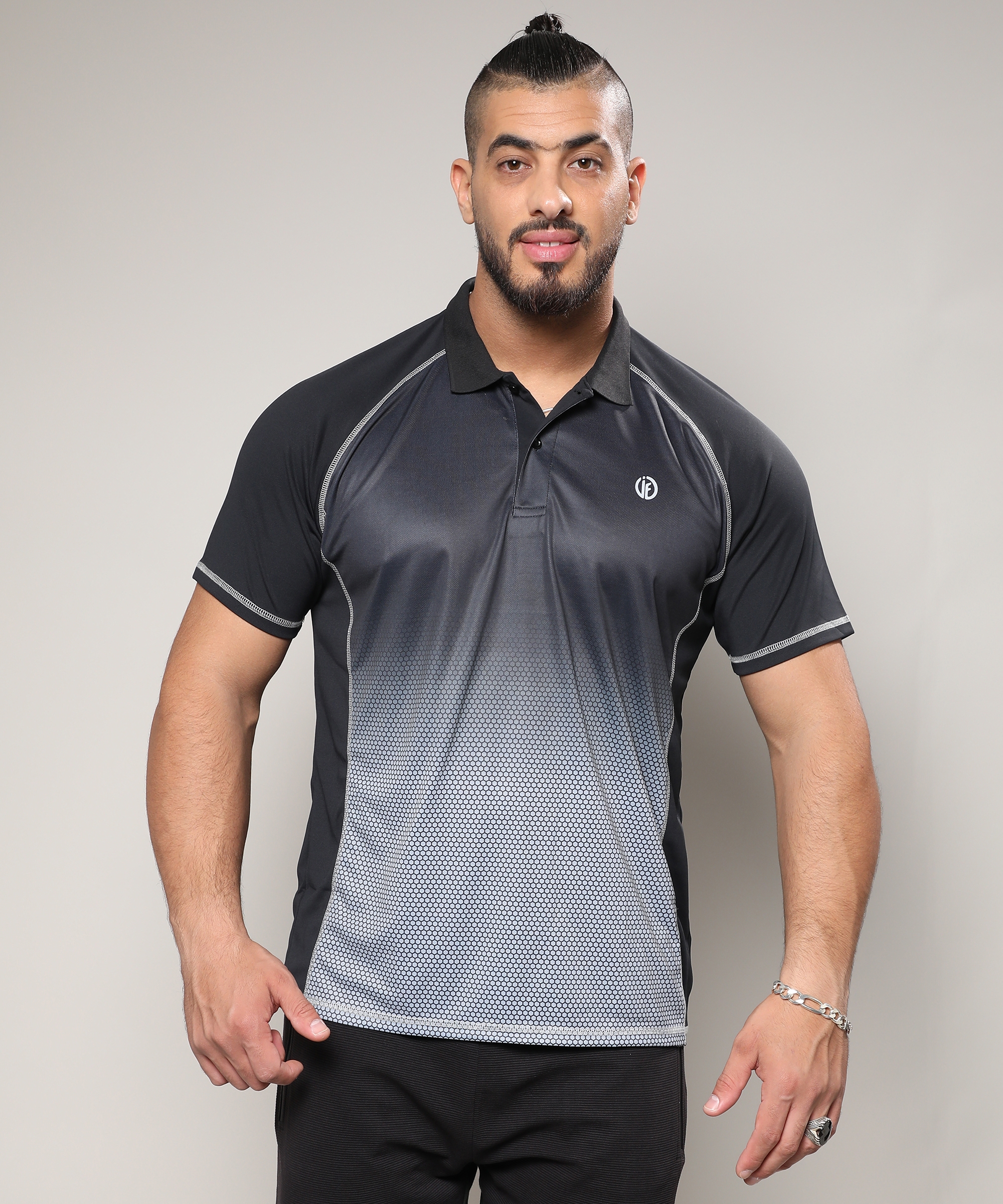 Men's Black & Grey Ombre Polo Activewear T-Shirt