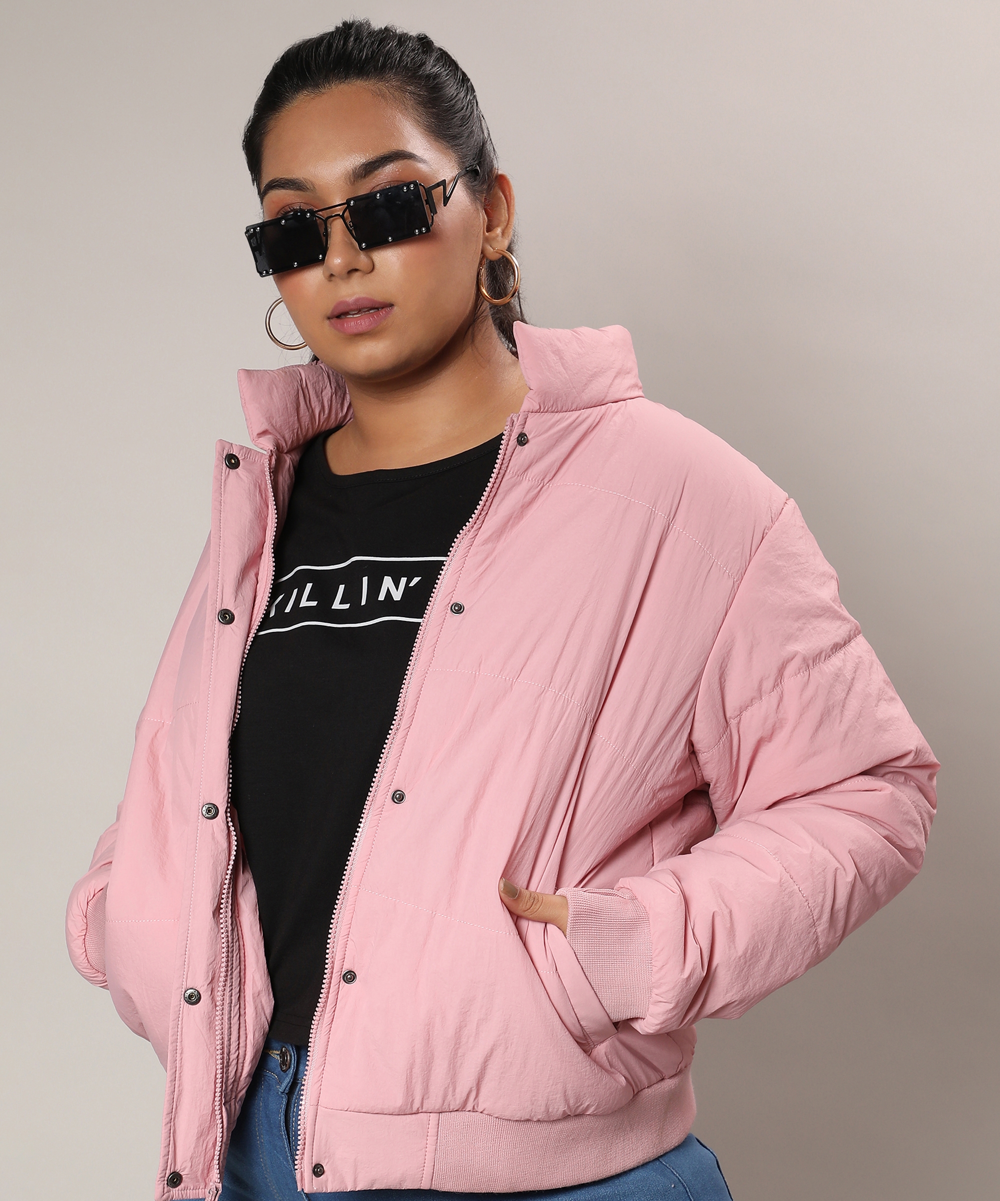 Instafab Plus | Women's Blush Pink Puffer Jacket With Angled Open Pockets