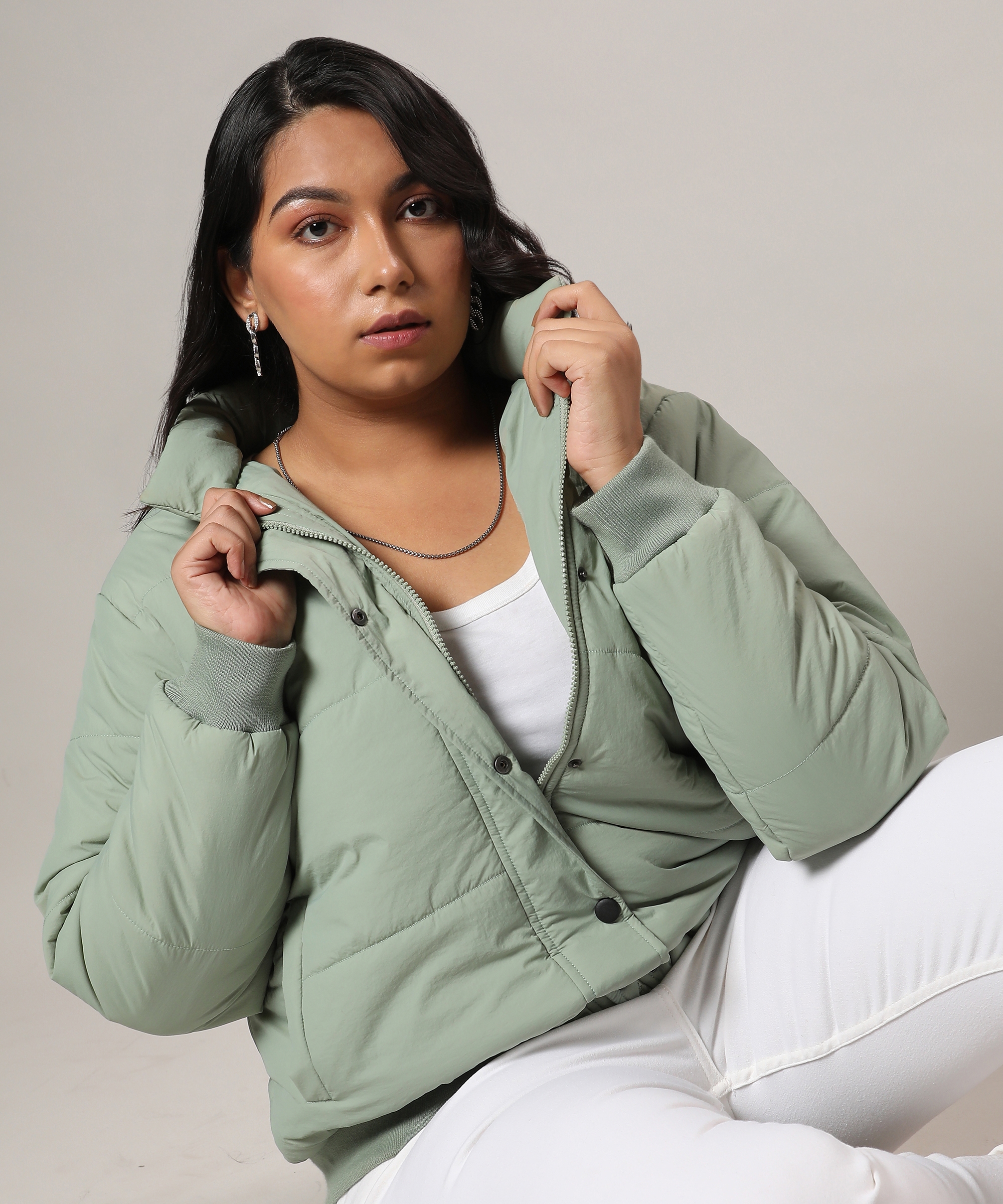 Instafab Plus | Women's Sage Green Quilted Bomber Jacket With Ribbed Hem
