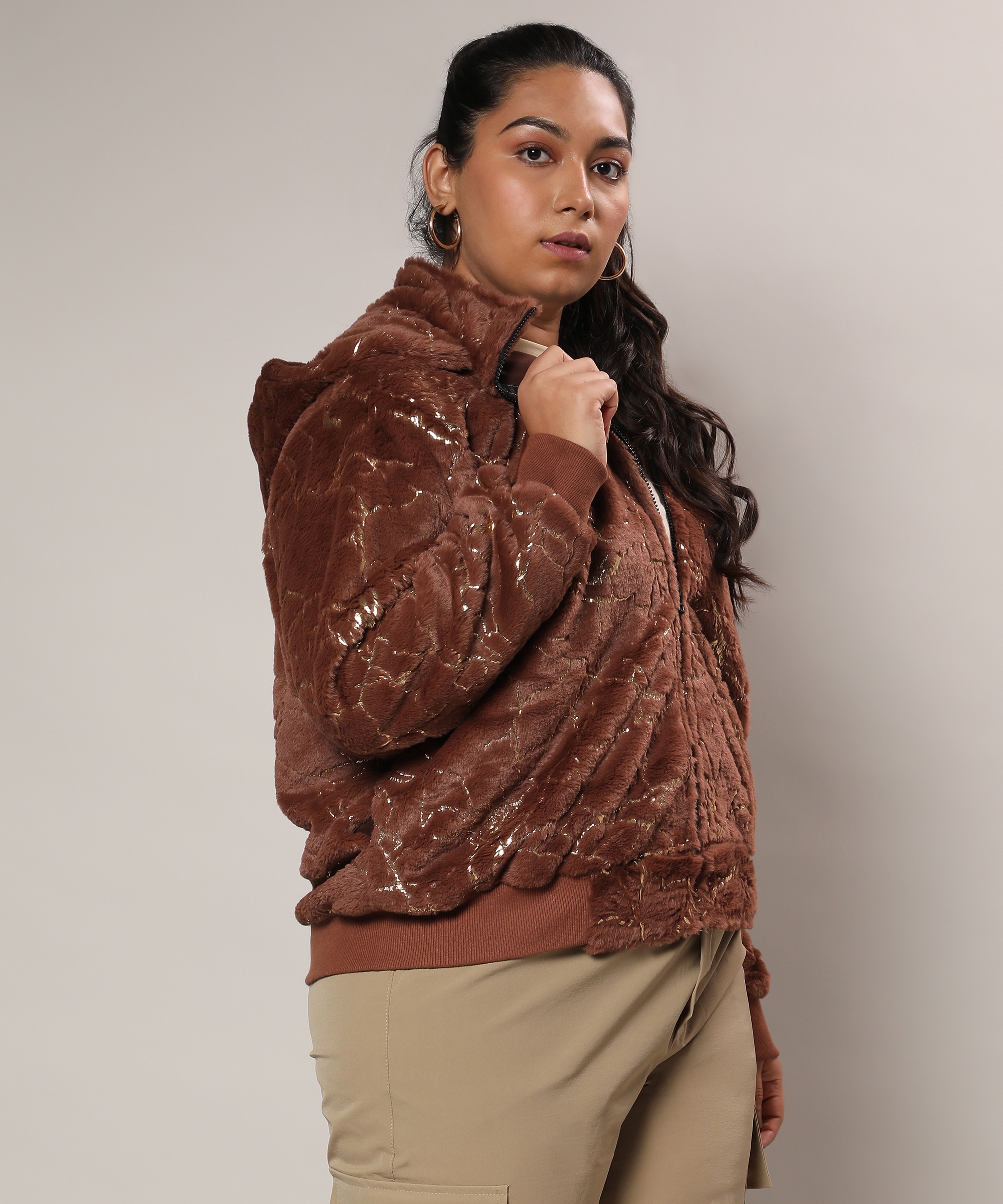 Instafab Plus | Women's Chocolate Brown Metallic Veined Faux Fur Jacket