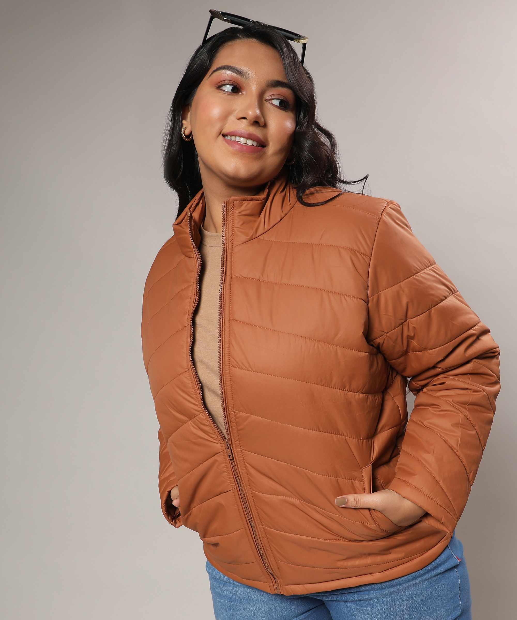 Women's Tan Brown Quilted Puffer Jacket With Zip Closure