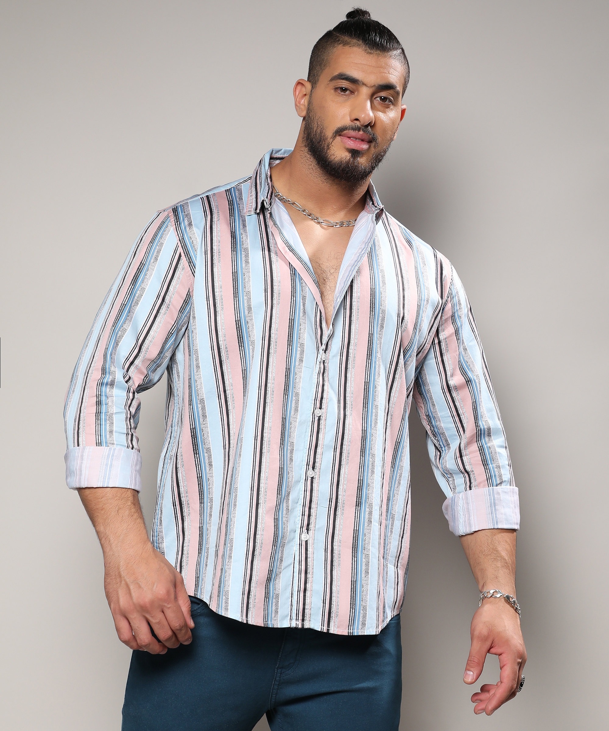 Instafab Plus | Men's Multicolour Textured Barcode Striped Shirt