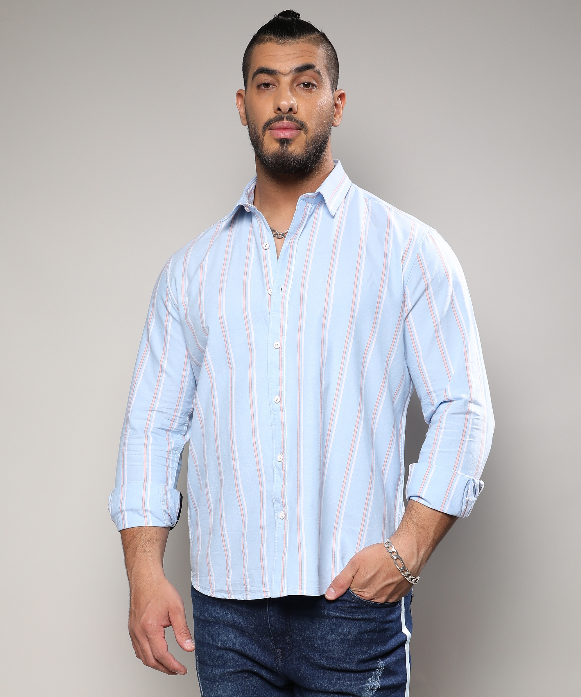 Instafab Plus | Men's Blue Striped Cotton Shirt