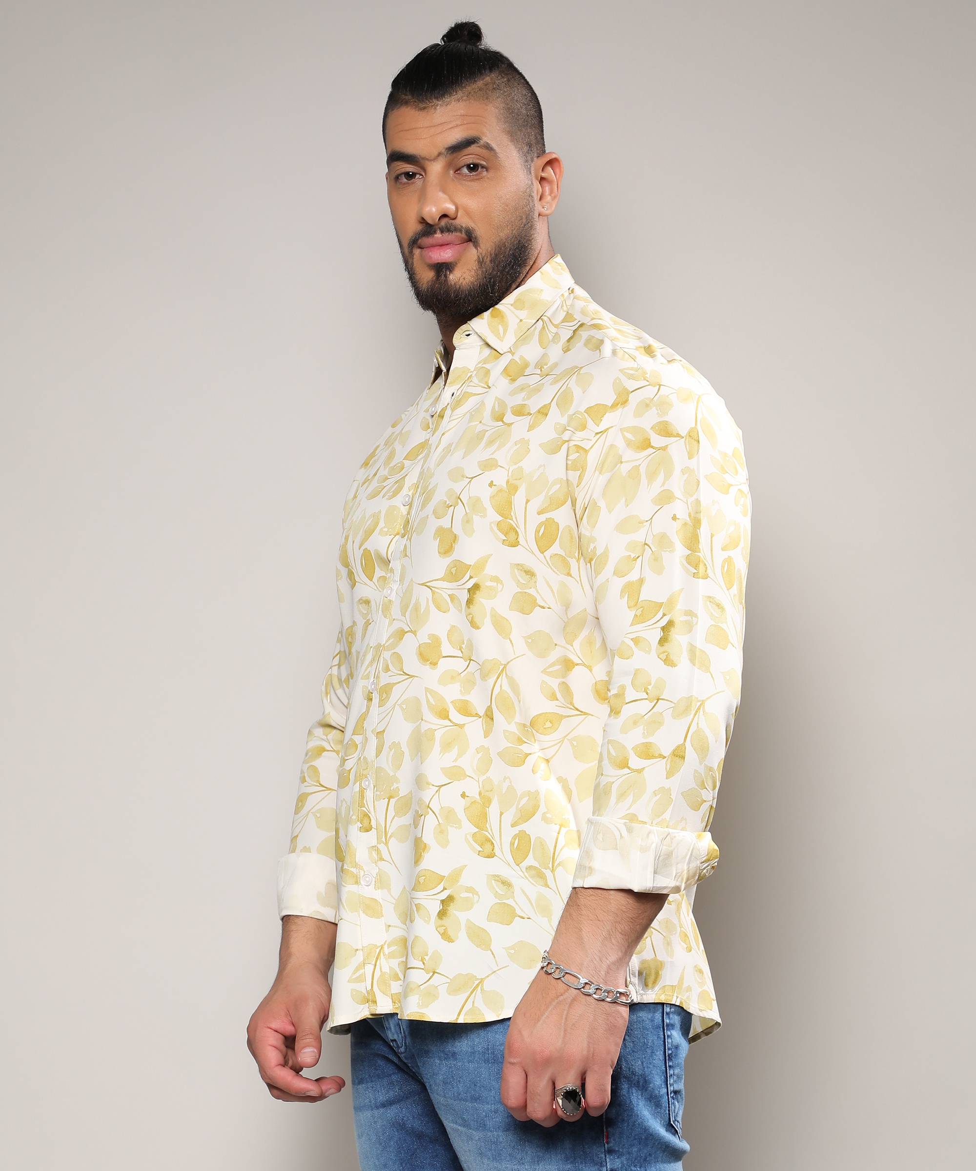 Instafab Plus | Men's Artistic Foliage Print Button Up Shirt