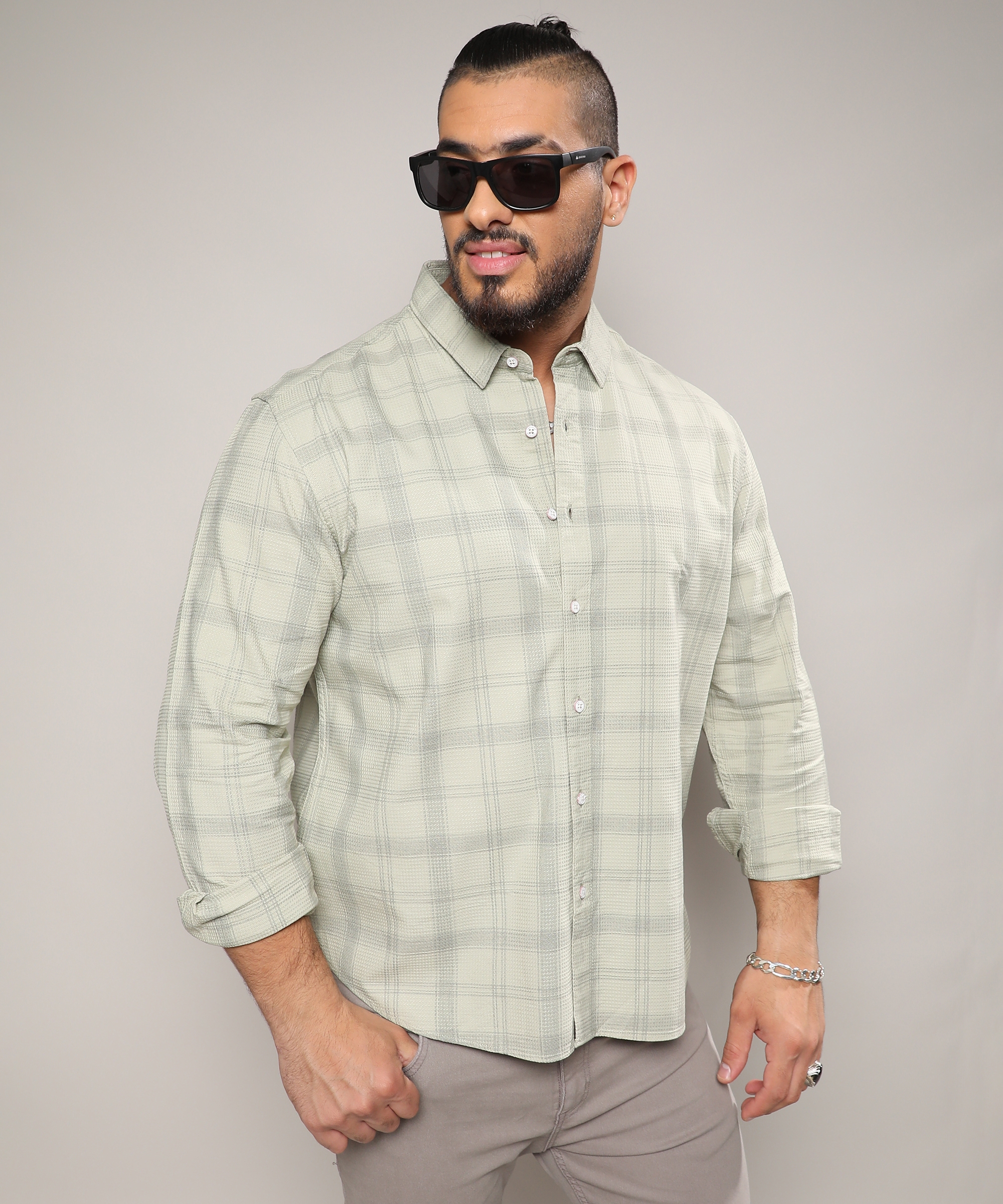 Instafab Plus | Men's Sage Green Tartan Plaid Shirt