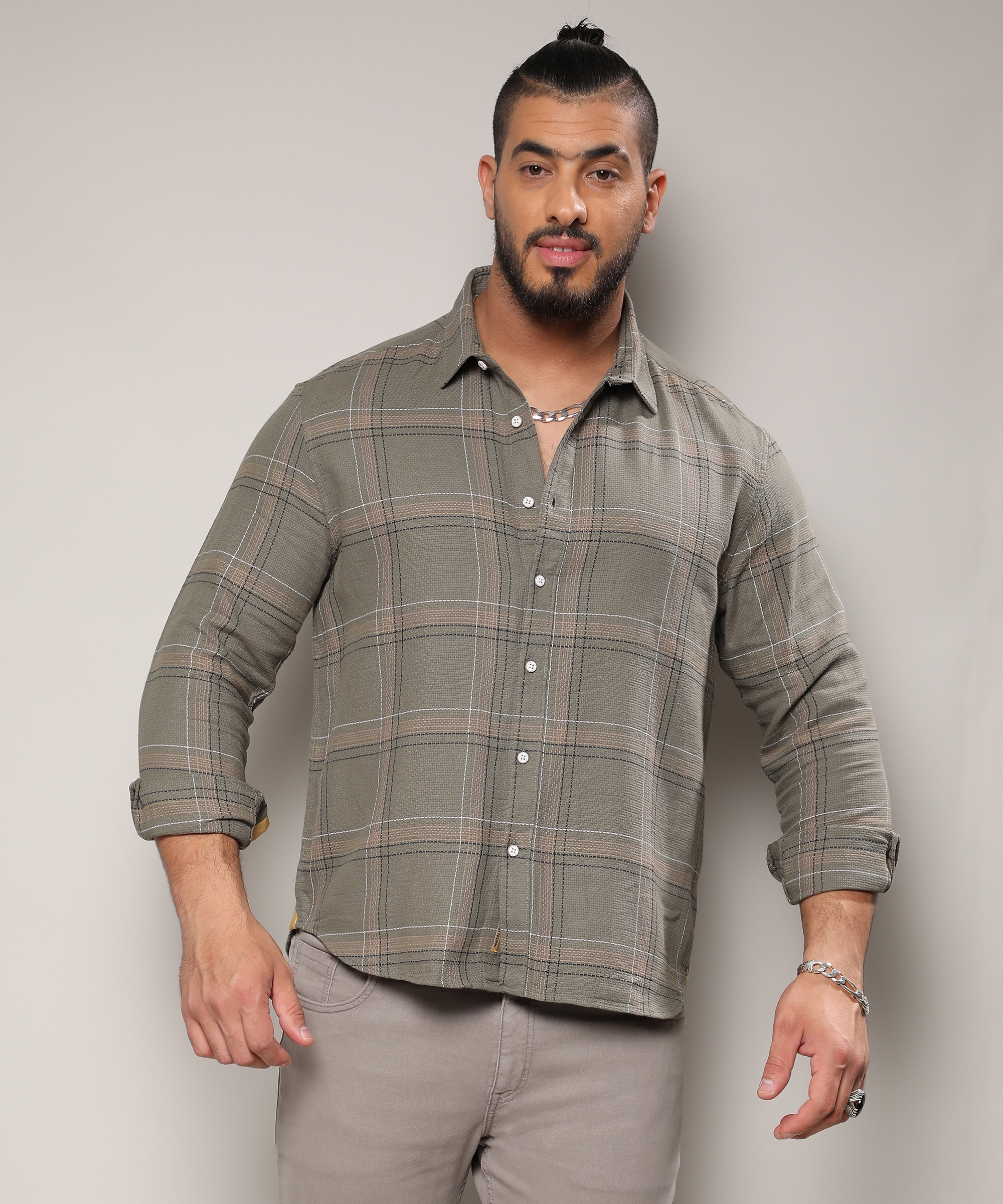 Instafab Plus | Men's Olive Green Maxi Tartan Plaid Shirt