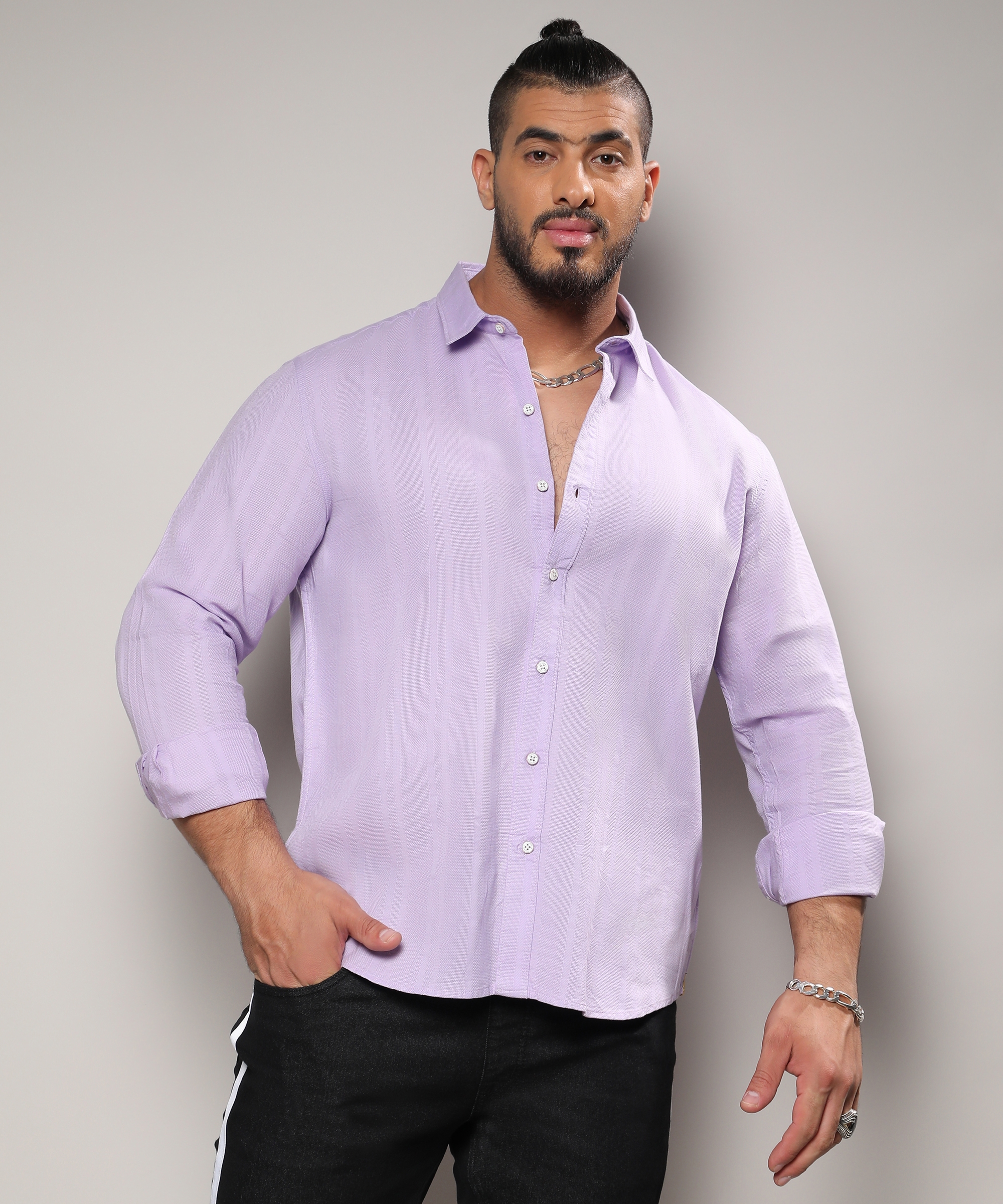 Instafab Plus | Men's Lavender Self-Design Striped Shirt