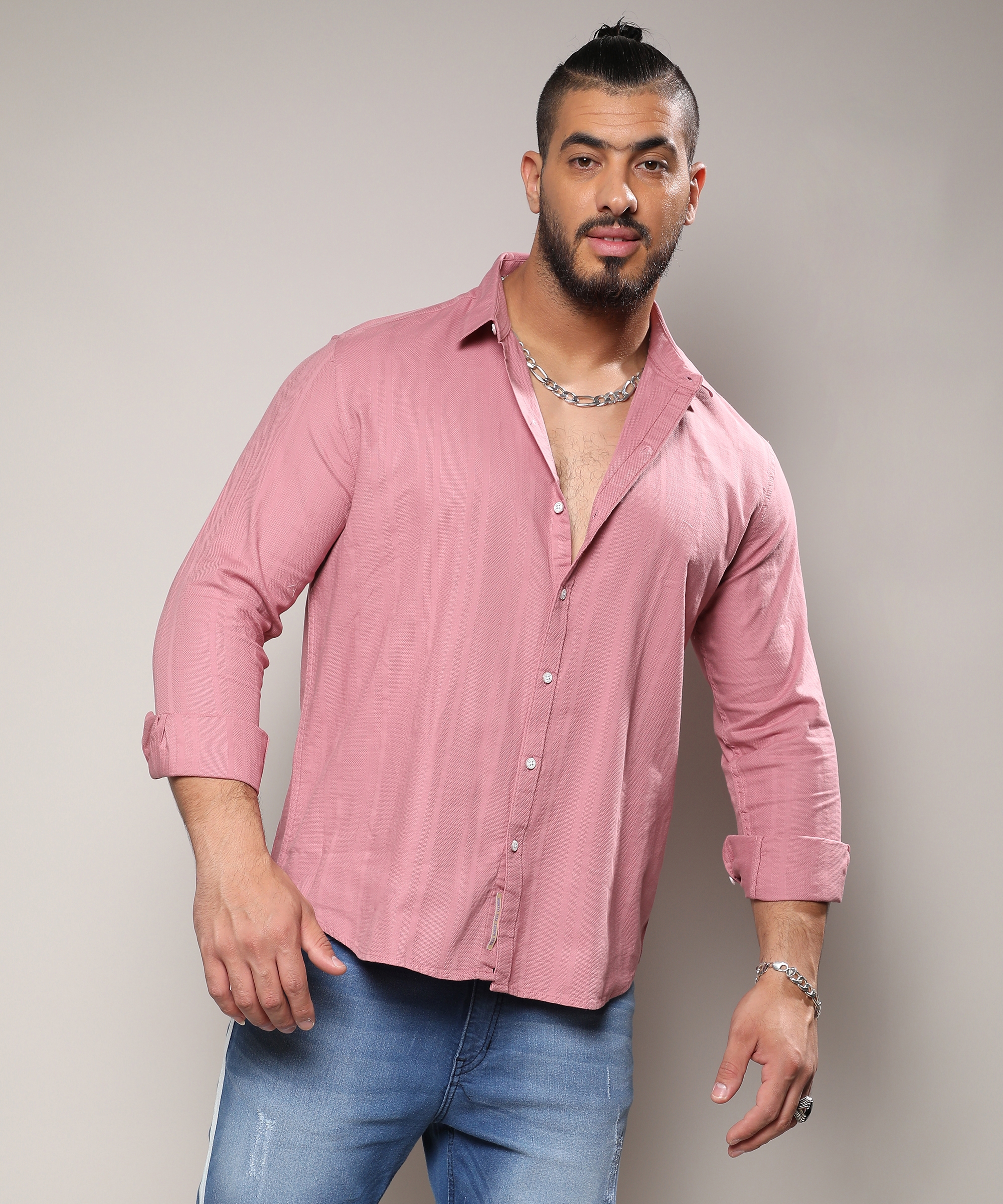 Instafab Plus | Men's Flamingo Pink Self-Design Striped Shirt