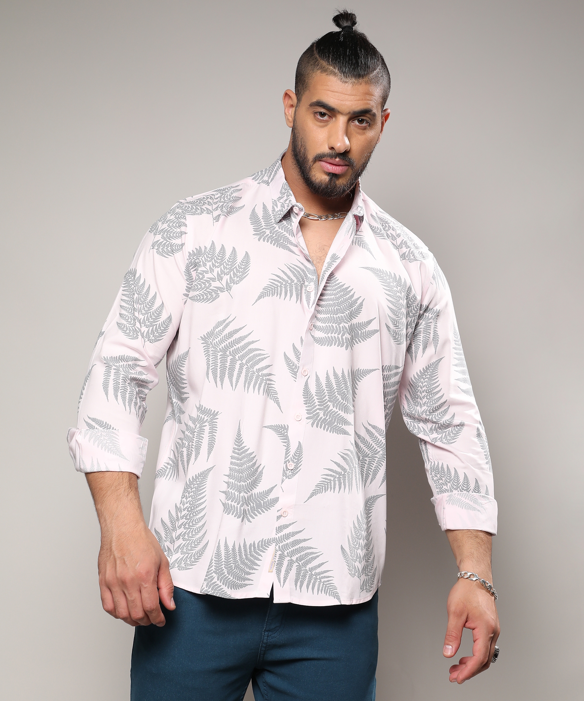 Instafab Plus | Men's Light Pink & Dark Grey Contrast Fern Shirt