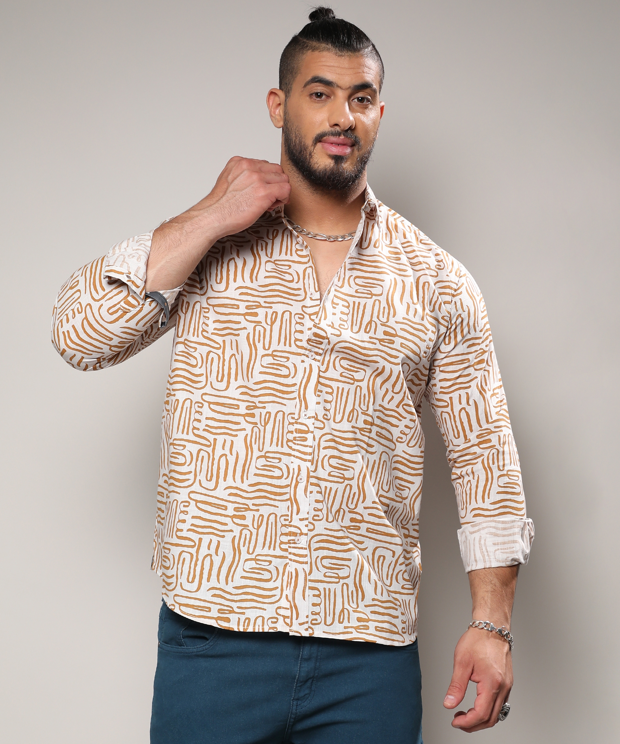 Instafab Plus | Men's Brown Contrast Lines Shirt