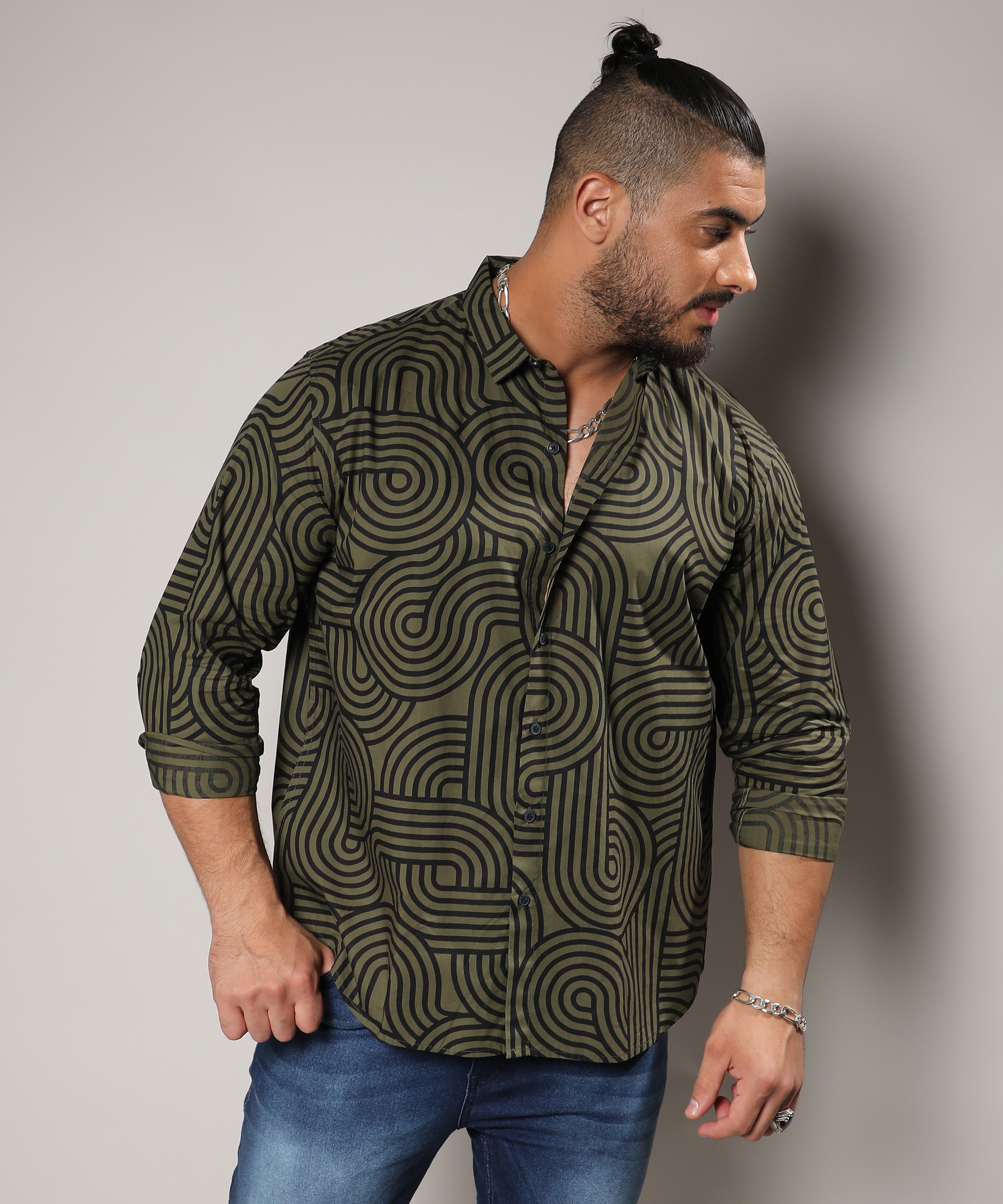 Instafab Plus | Men's Army Green & Black Contrast Lines Shirt