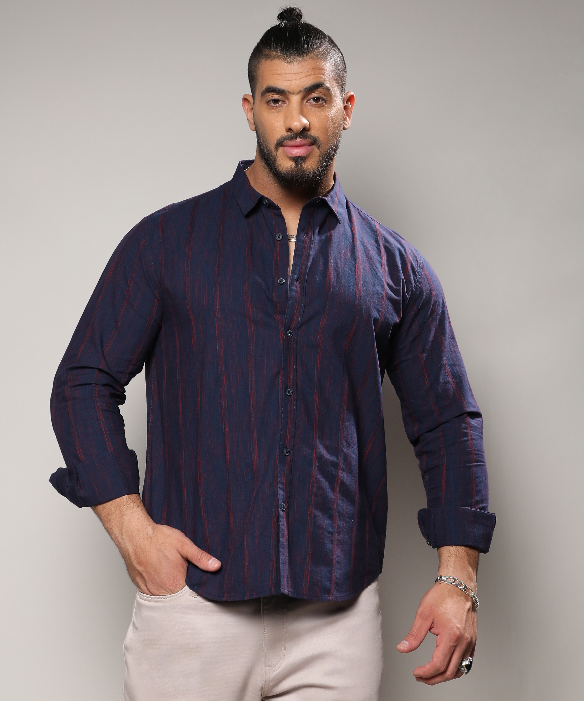 Instafab Plus | Men's Navy Blue & Red Ombre Striped Shirt