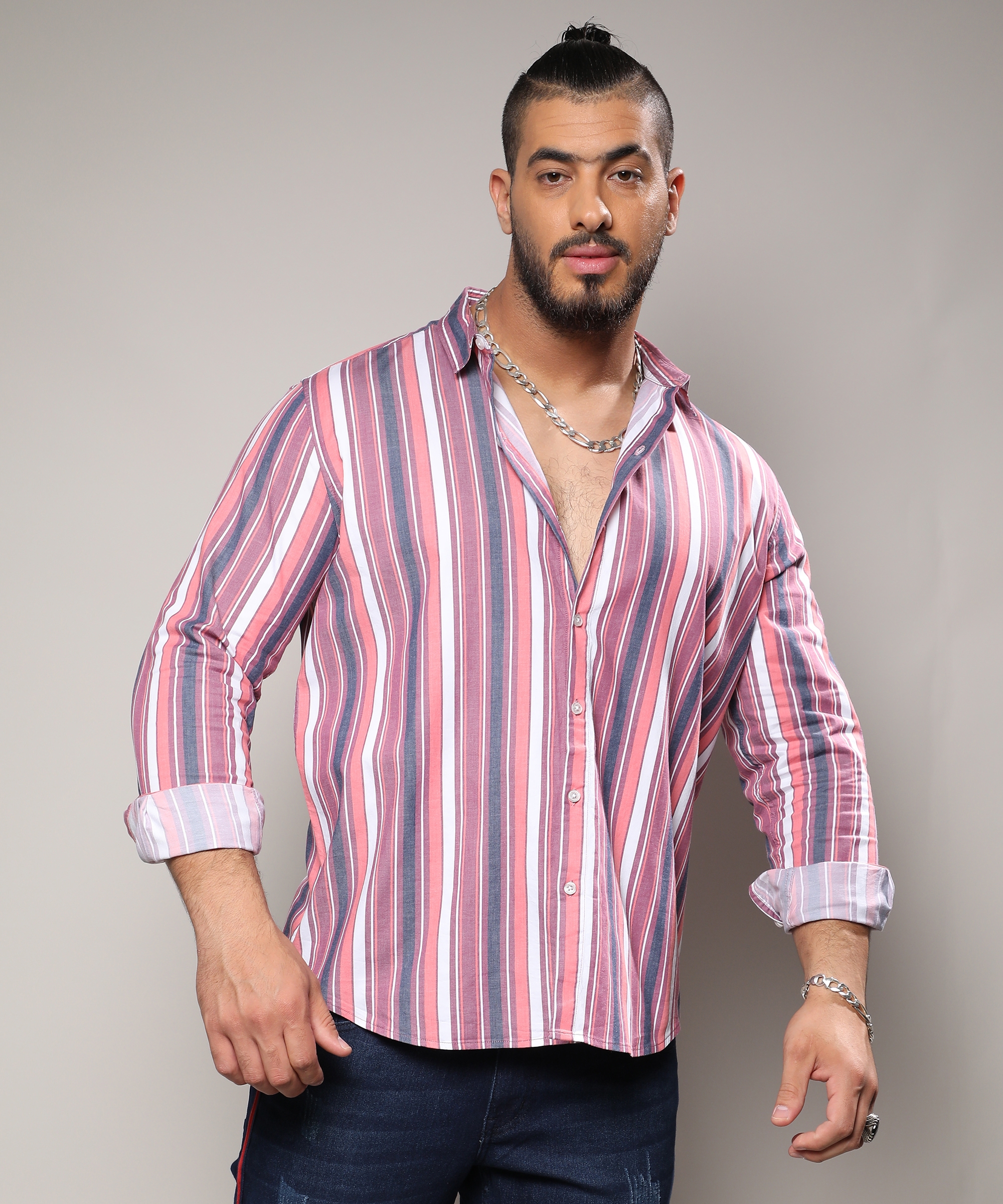 Instafab Plus | Men's Blush Pink & Dark Grey Faded Barcode Striped Shirt