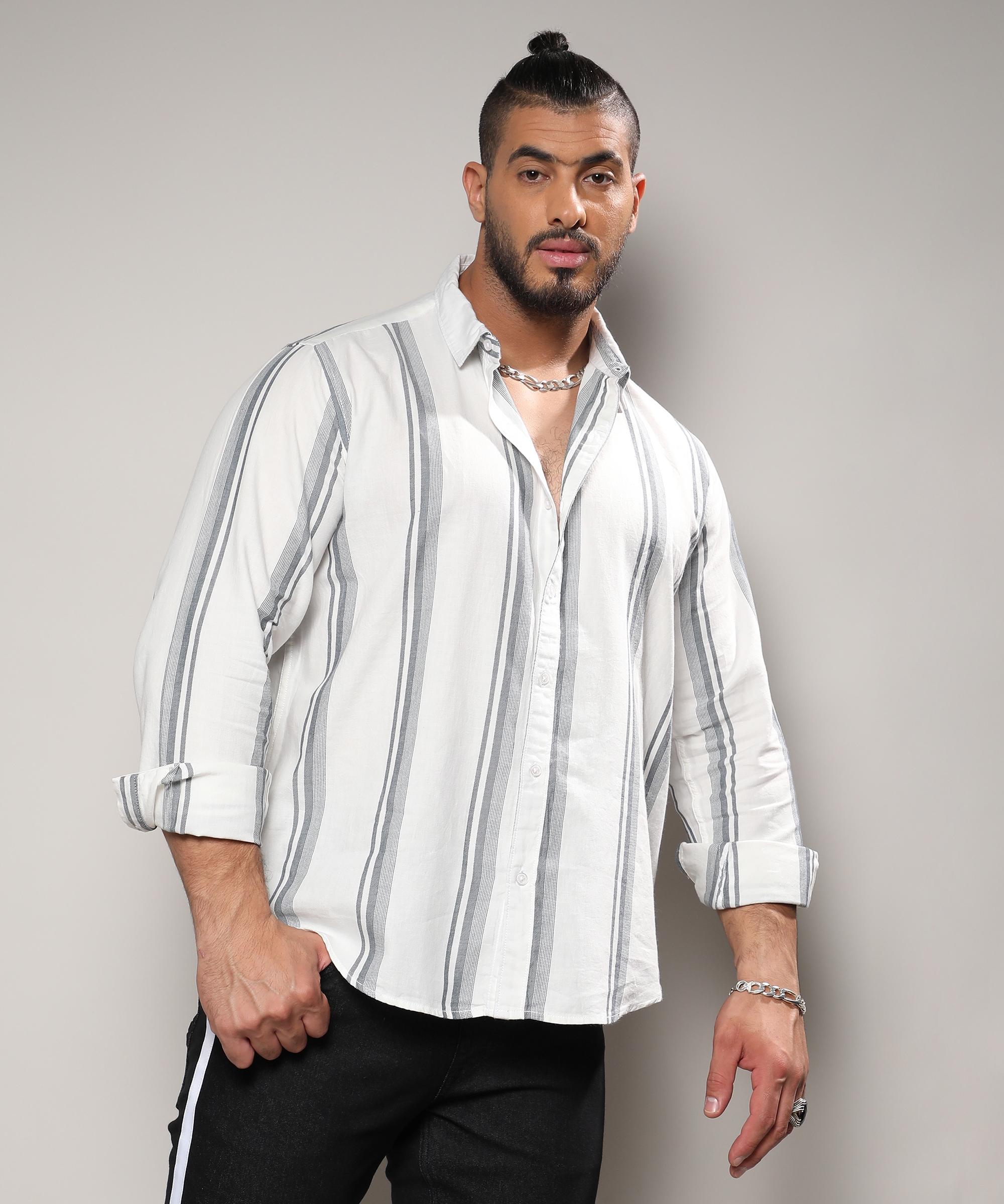 Instafab Plus | Men's White & Dark Grey Barcode Striped Shirt