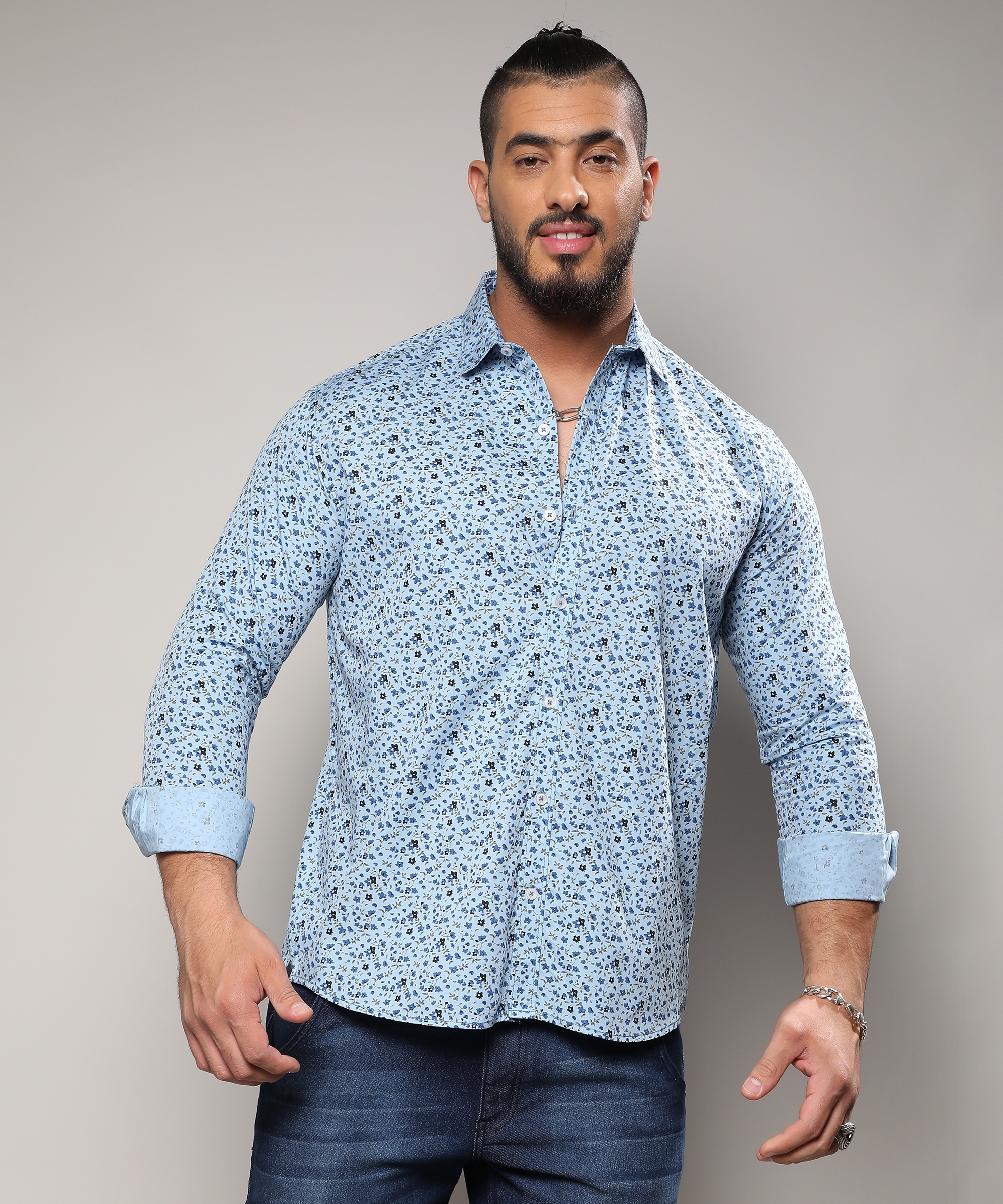 Instafab Plus | Men's Blue Micro Floral Shirt
